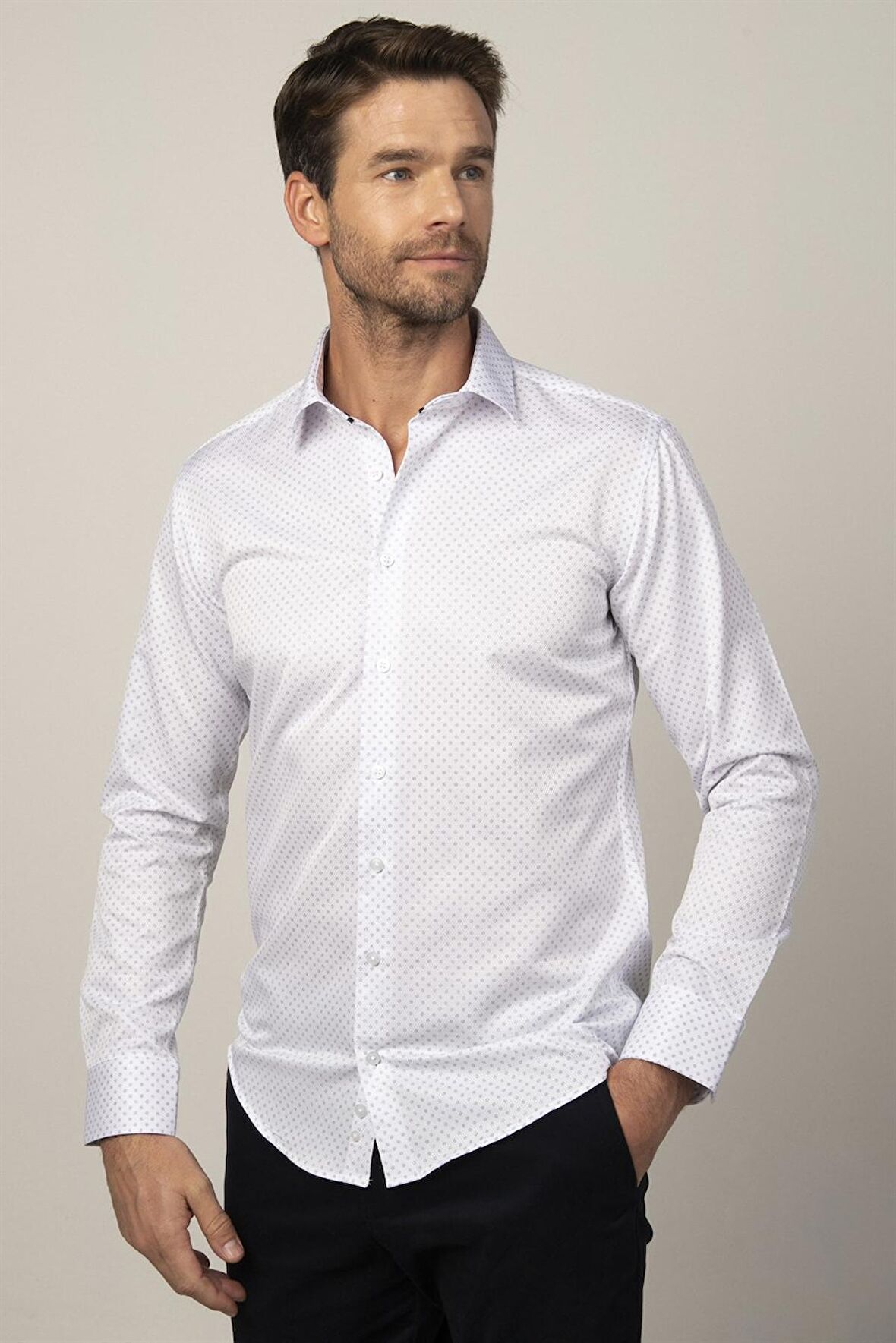 Tudors Modern Fit Uzun Kol Baskılı Yaka İçi Biyeli Erkek Gömlek