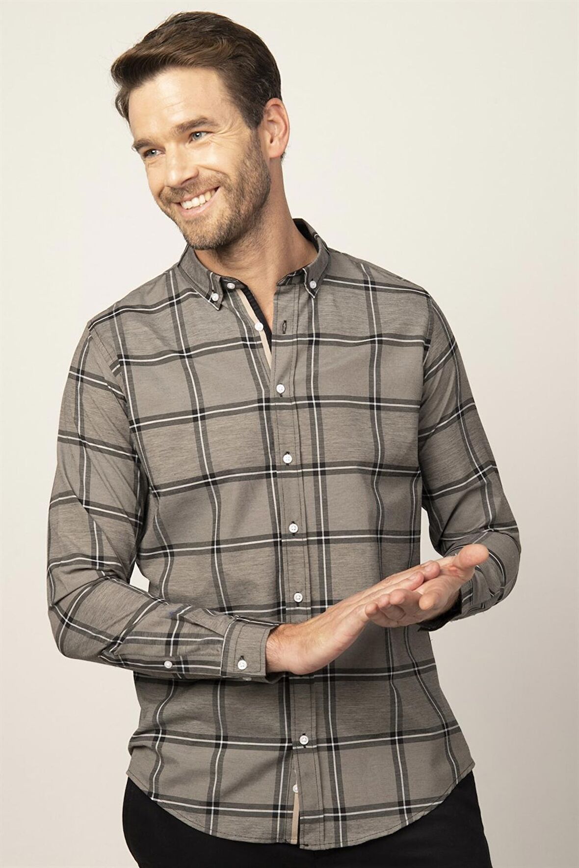 Tudors Slim Fit Uzun Kol Ekoseli Biyeli Yaka Düğmeli Erkek Gömlek