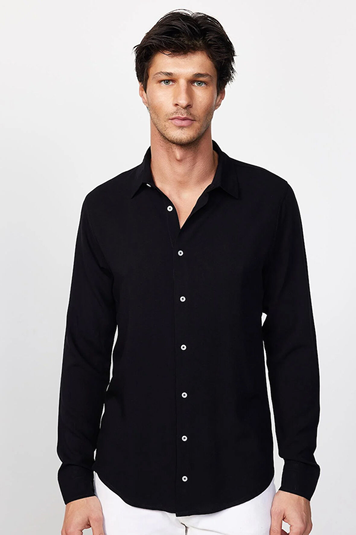 Slim Fit Uzun Kollu Dar Kesim Dökümlü Viskon Şık Erkek Siyah Gömlek