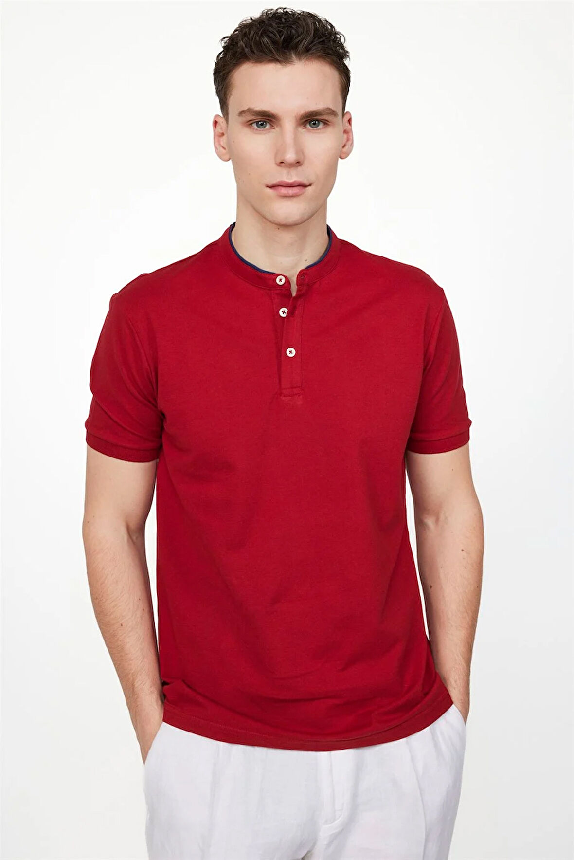 Erkek Slim Fit Dar Kesim %100 Pamuk Düz Pike Bordo Hakim Yaka Tişört