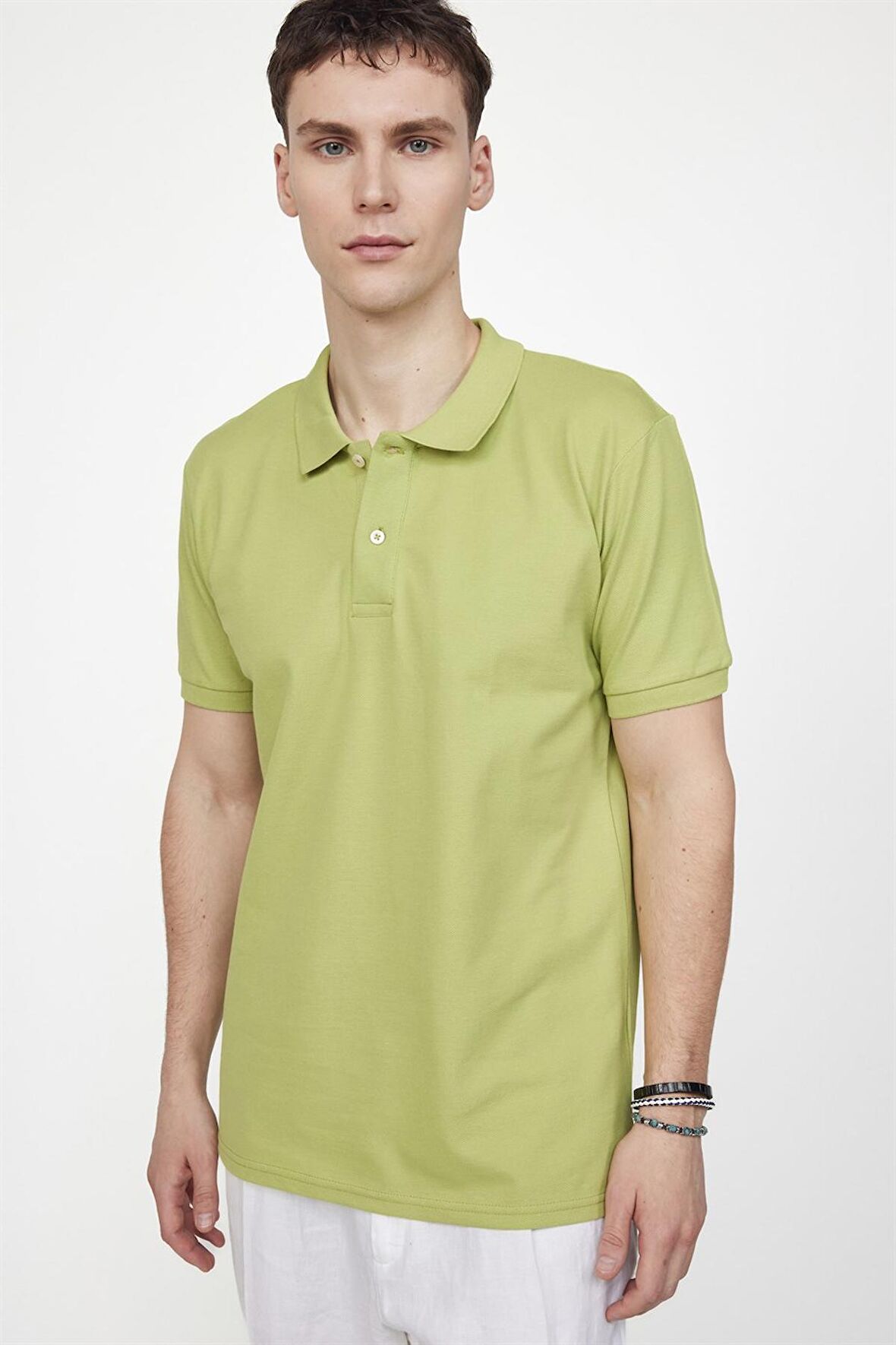 Tudors Erkek Polo Yaka Slim Fit Düz Pamuk Pike Yeşil Tişört