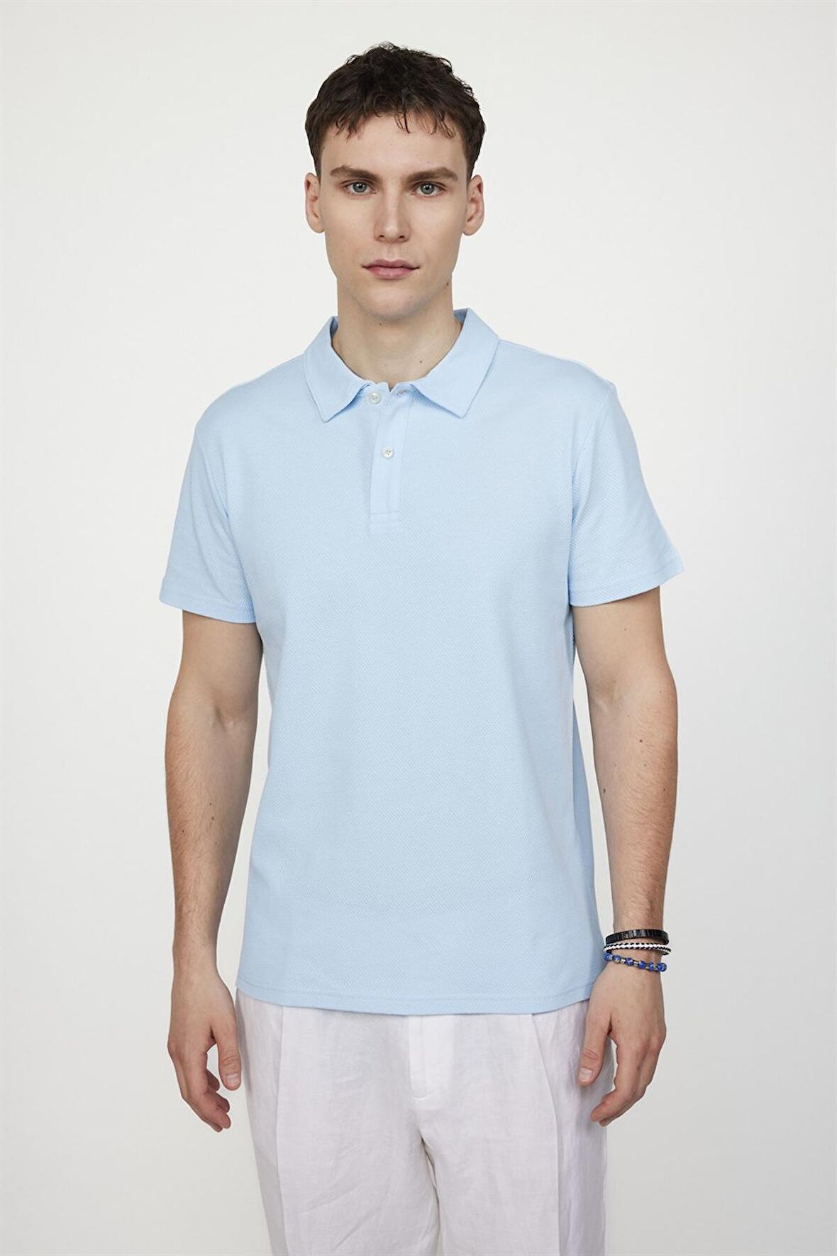 Tudors Slim Fit Desenli Polo Yaka Erkek Mavi Tişört