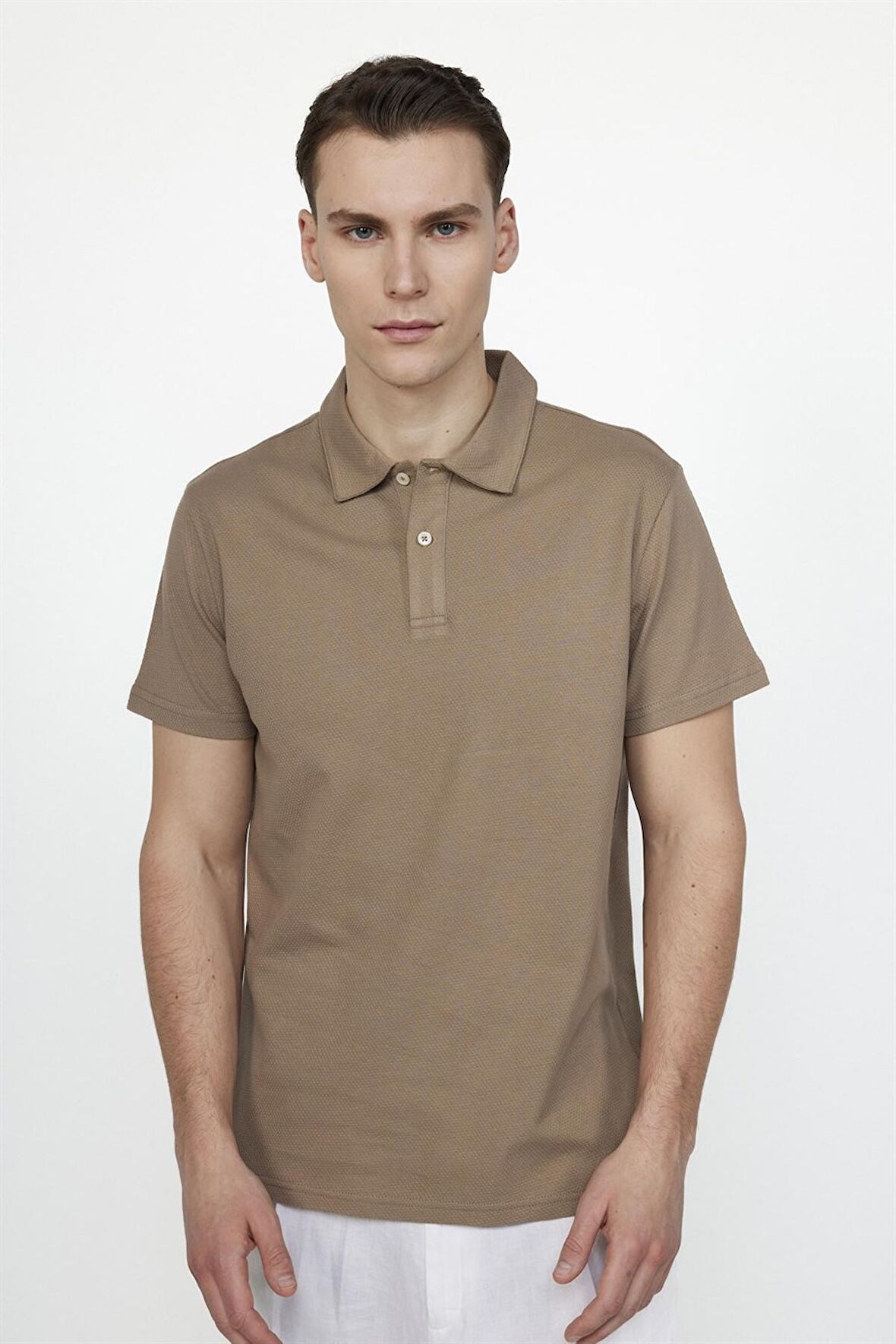 Tudors Slim Fit Desenli Polo Yaka Erkek Kahve Tişört