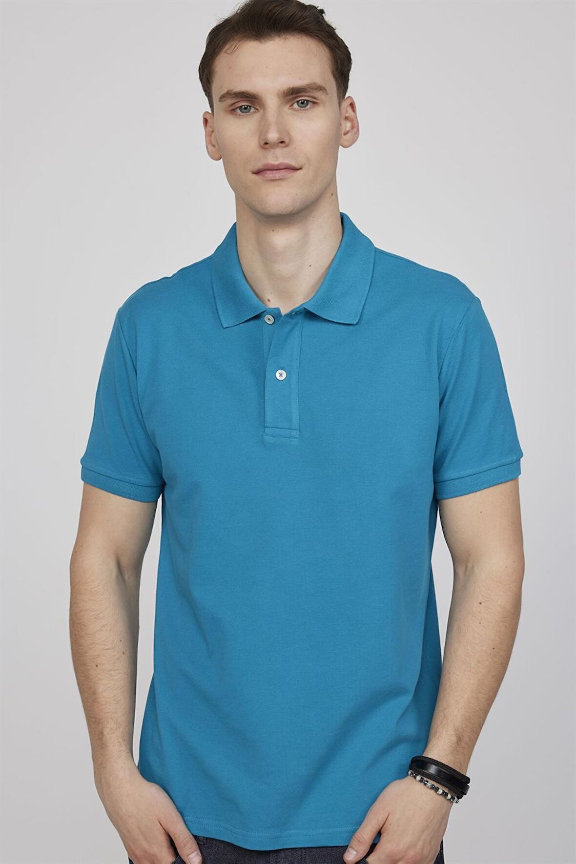 Tudors Erkek Polo Yaka Slim Fit Düz Pamuk Pike Mavi Tişört