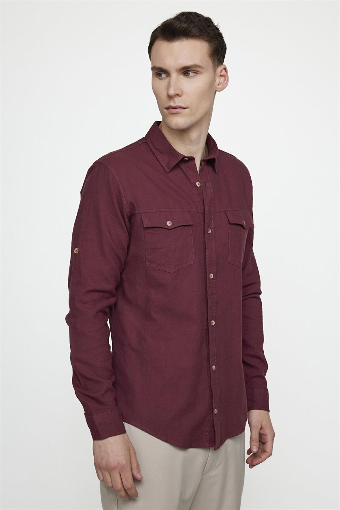 Tudors Slim Fit Uzun Kol Çift Cep Pamuk Keten Spor Yaka Erkek Bordo Gömlek