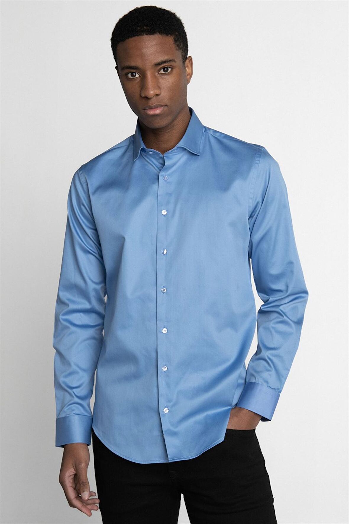 Tudors Slim Fit Koton Saten Premium Seri Erkek Mavi Gömlek