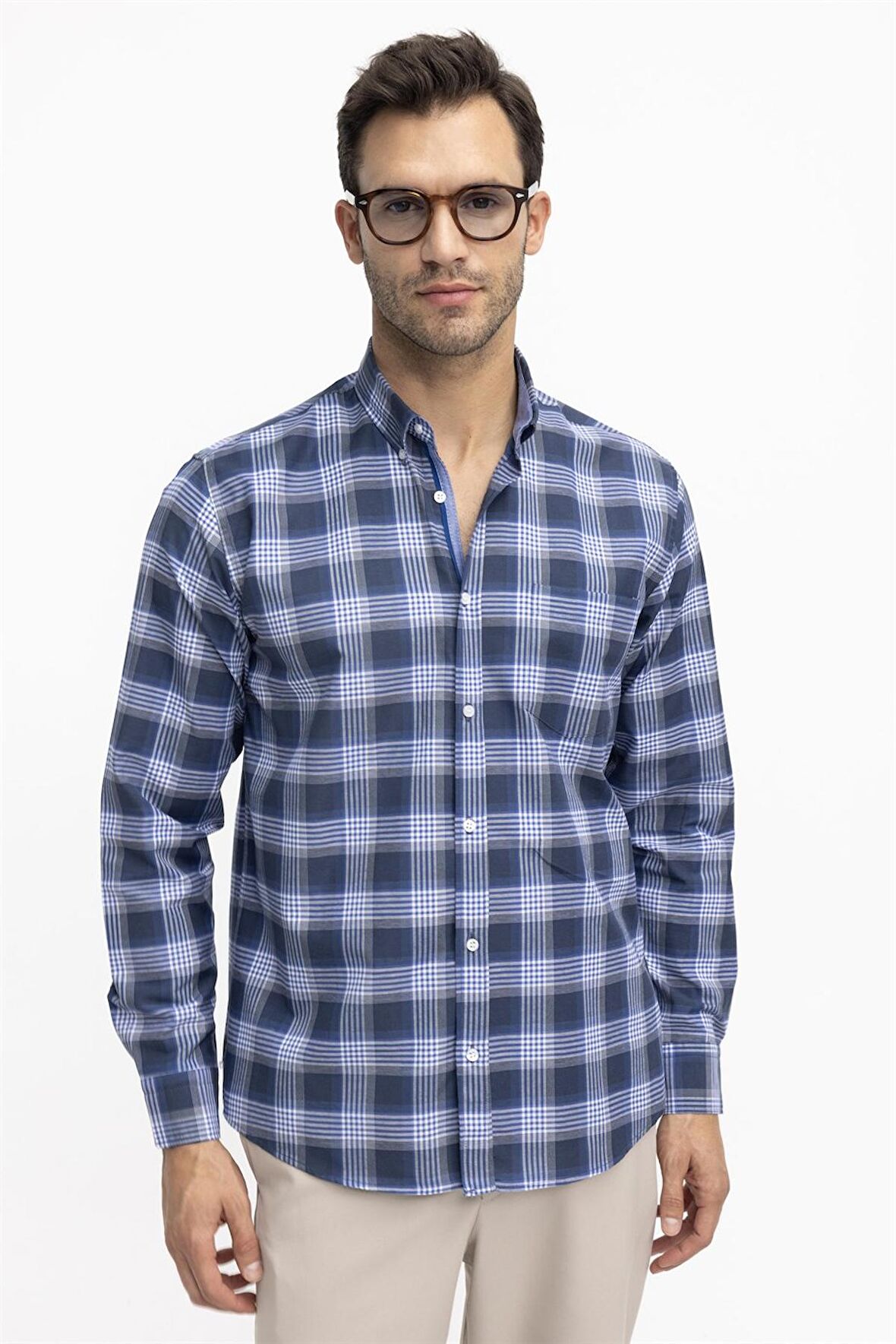 Tudors Klasik Fit Ekoseli Biyeli Yaka Düğmeli Erkek Gömlek