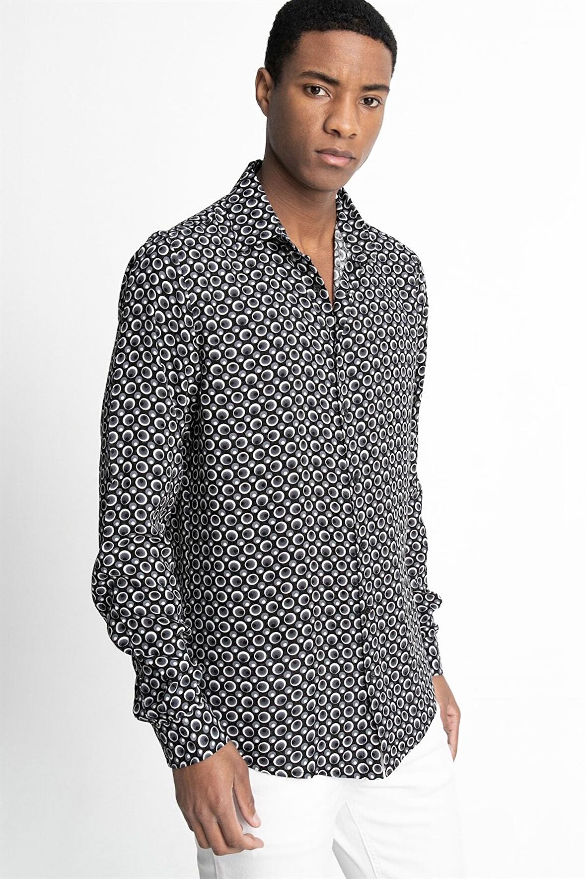 Slim Fit Dar Kesim Uzun Kol Baskılı Desen Viskon Tensel Spor Erkek Gömlek - TUDORS