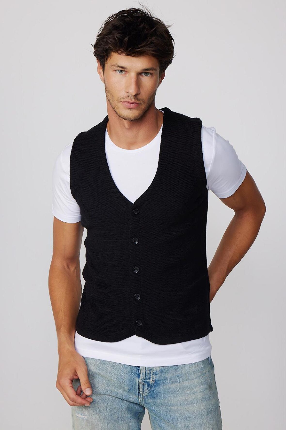 Slim Fit Armülü Siyah Erkek Yelek