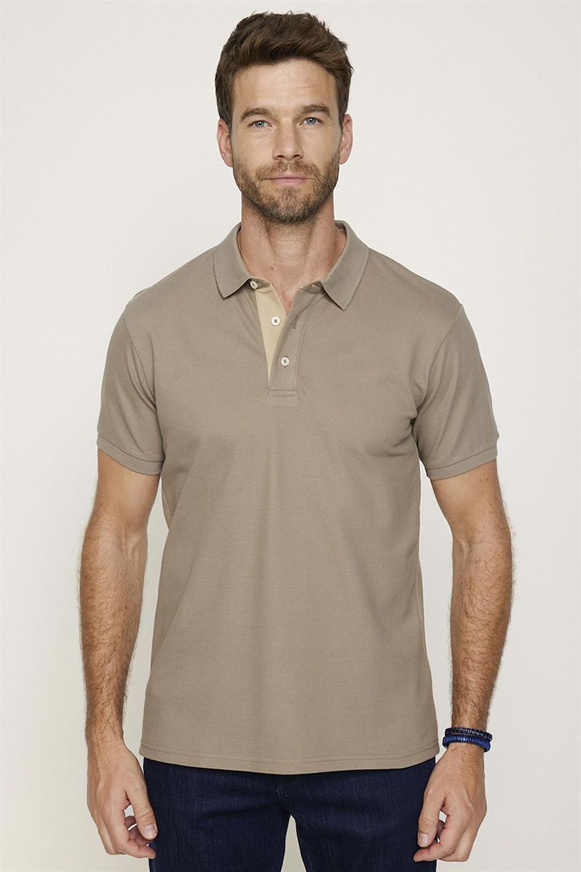 Erkek Polo Yaka Slim Fit Düz Pamuk Pike Bej Tişört