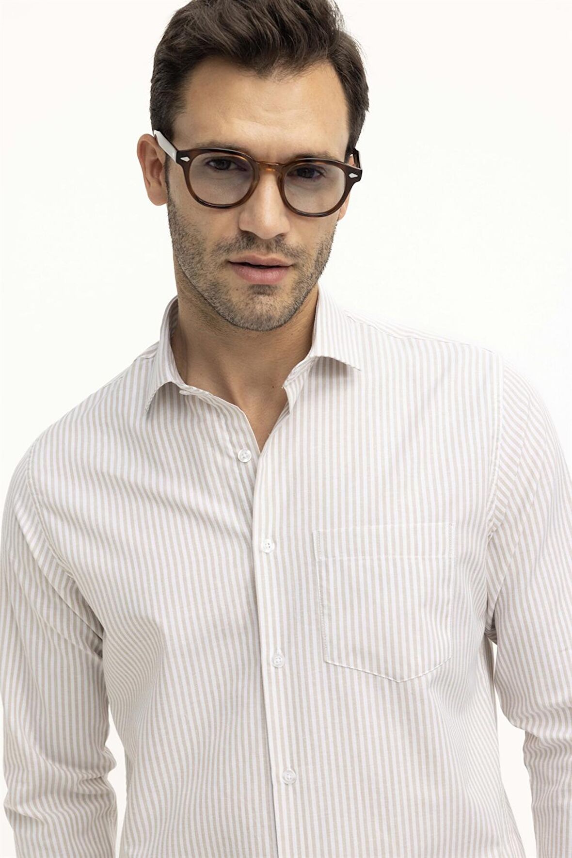 Tudors Klasik Fit Rahat Kalıp  İnce Çizgili Pamuklu Kravatlık Yaka Erkek  Gömlek