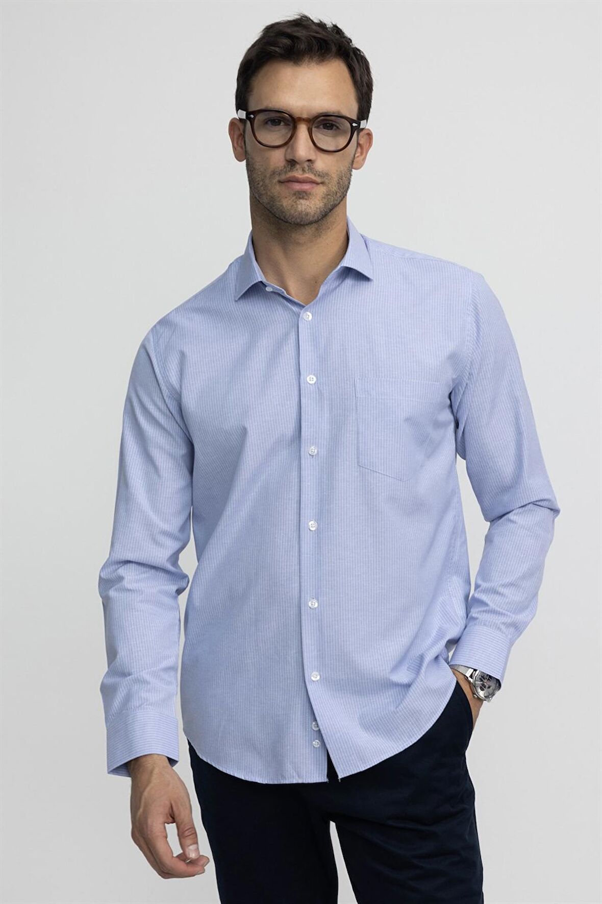 Tudors Klasik Fit Rahat Kalıp İnce Çizgili Pamuklu Kravatlık Yaka Erkek Mavi Gömlek