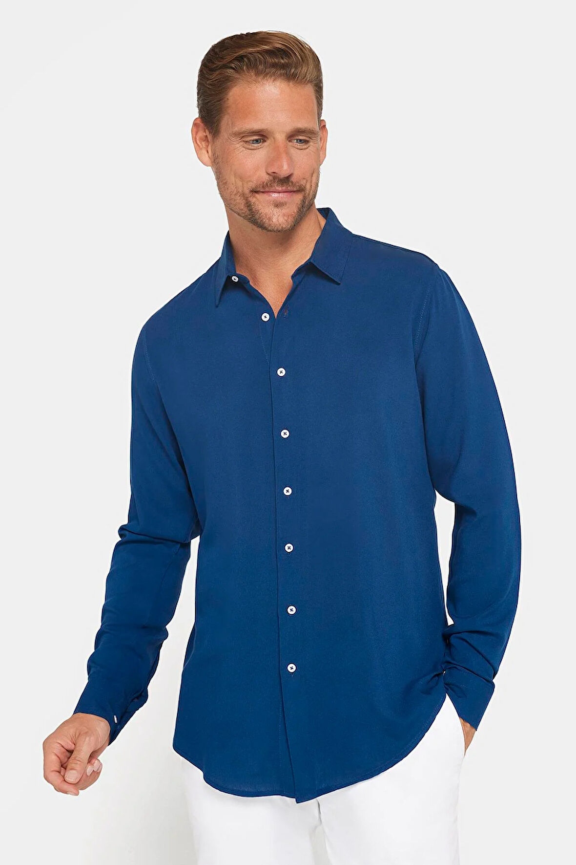 Slim Fit Uzun Kollu Dar Kesim Dökümlü Viskon Şık Erkek Lacivert Gömlek