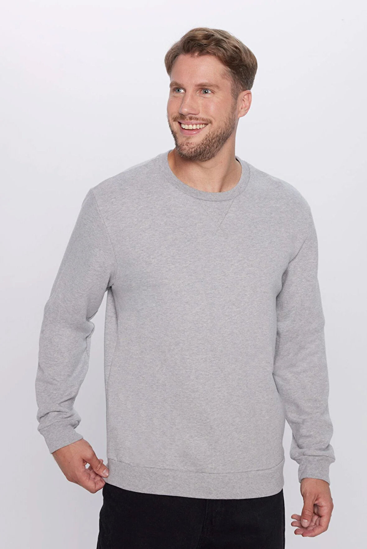 Unisex Oversize Geniş Kesim %100 Pamuk Basic Gri Bisiklet Yaka Sweatshirt