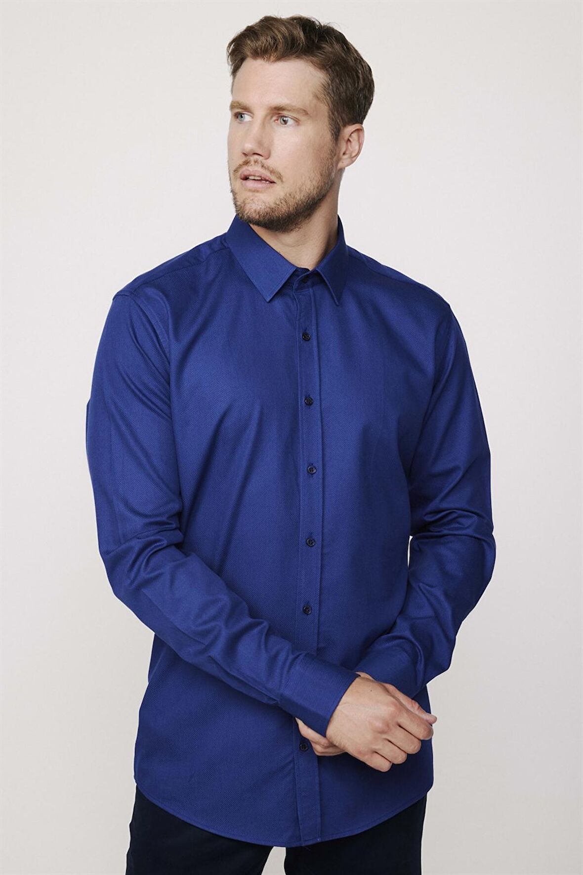 Modern Fit %100 Pamuk Armürlü Premium Lacivert Erkek Gömlek