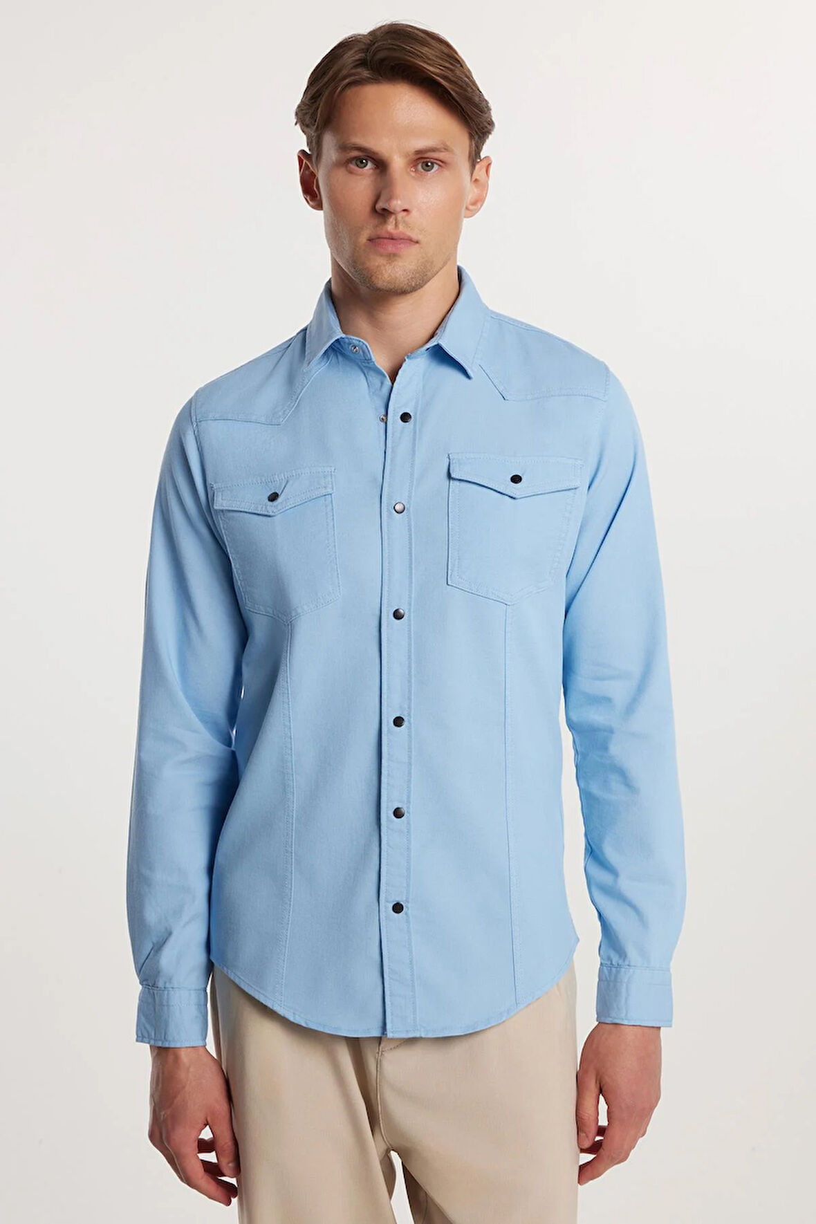 Slim Fit Uzun Kollu Gündelik Denim Kot Erkek Mavi Gömlek