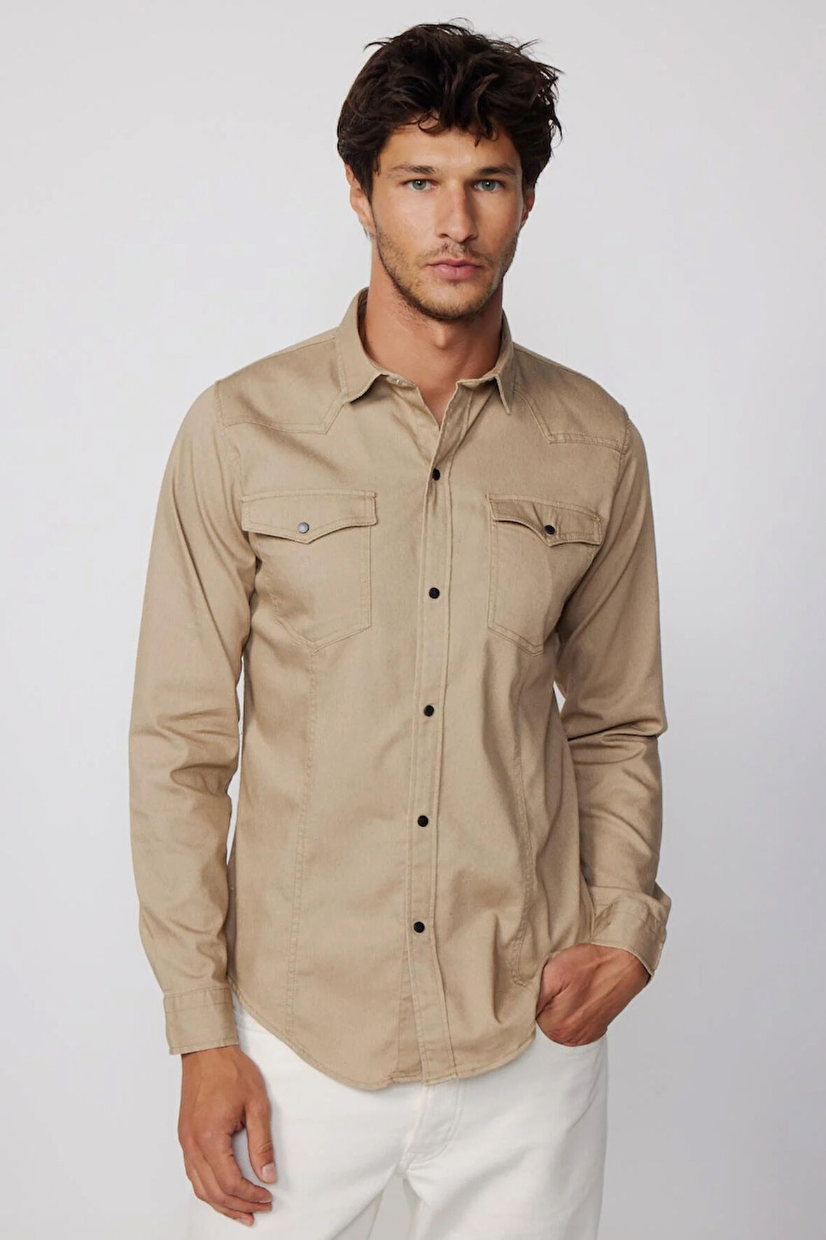 Slim Fit Uzun Kollu Gündelik Denim Kot Erkek Taş Gömlek