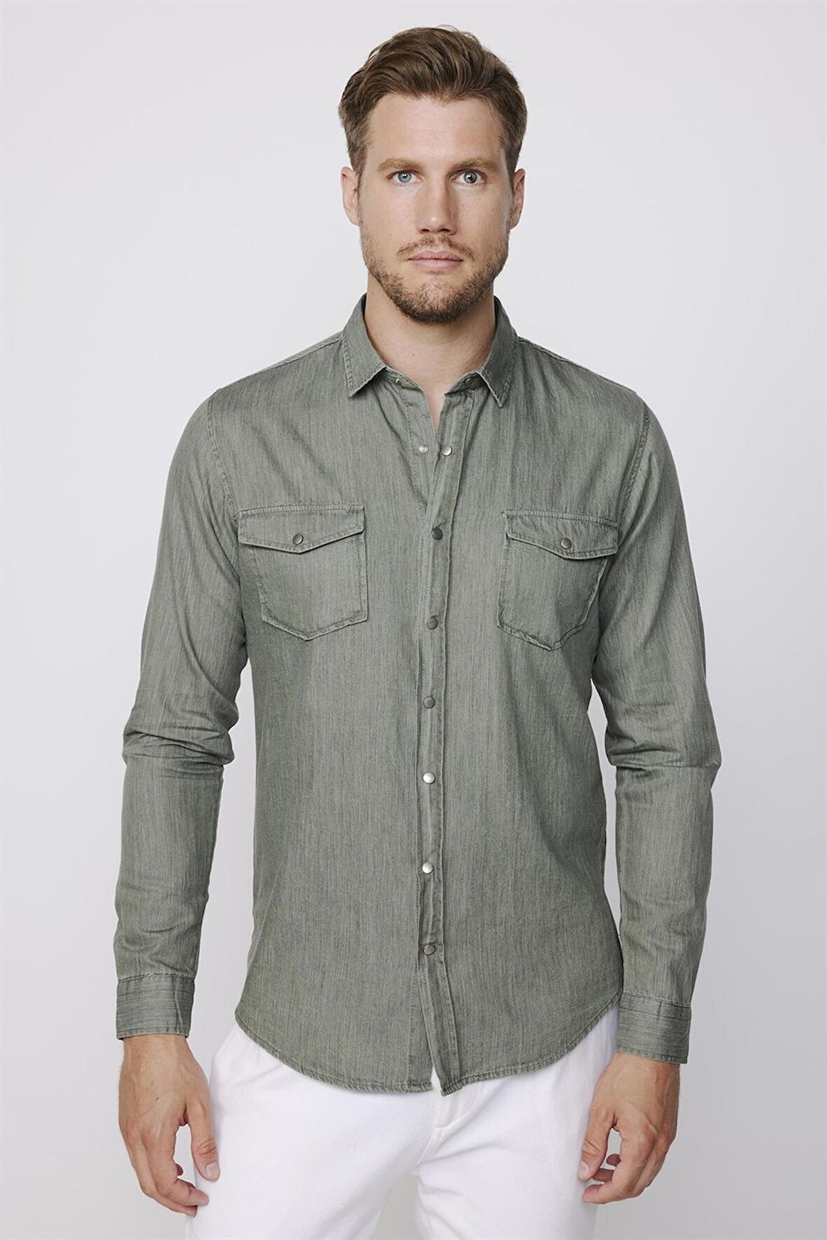 Slim Fit Uzun Kol Kot Çift Cep Çıtçıtlı Denim Erkek Haki Gömlek