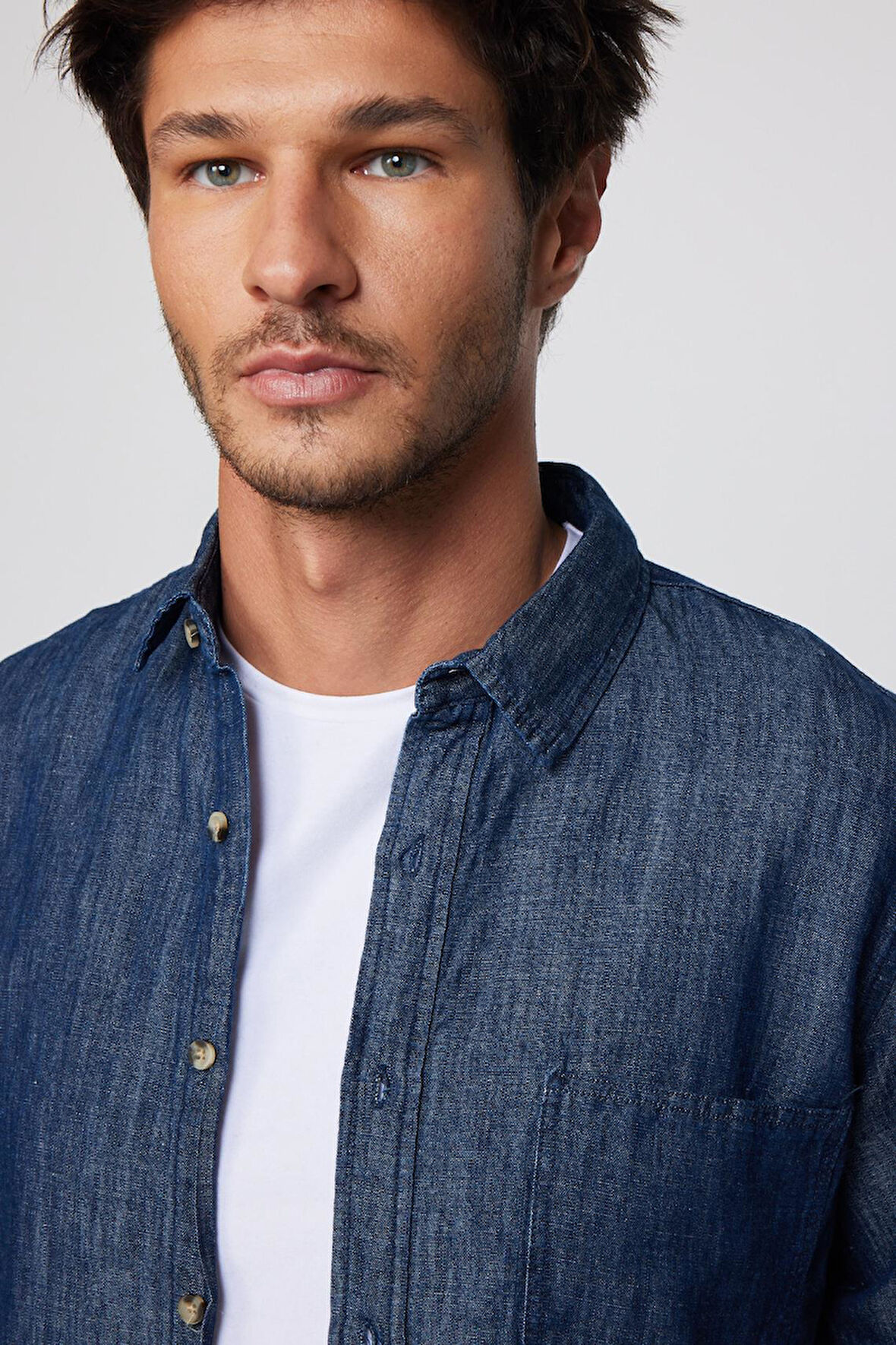 Slim Fit Uzun Kollu Tek Cep Denim Kot Lacivert Erkek Gömlek