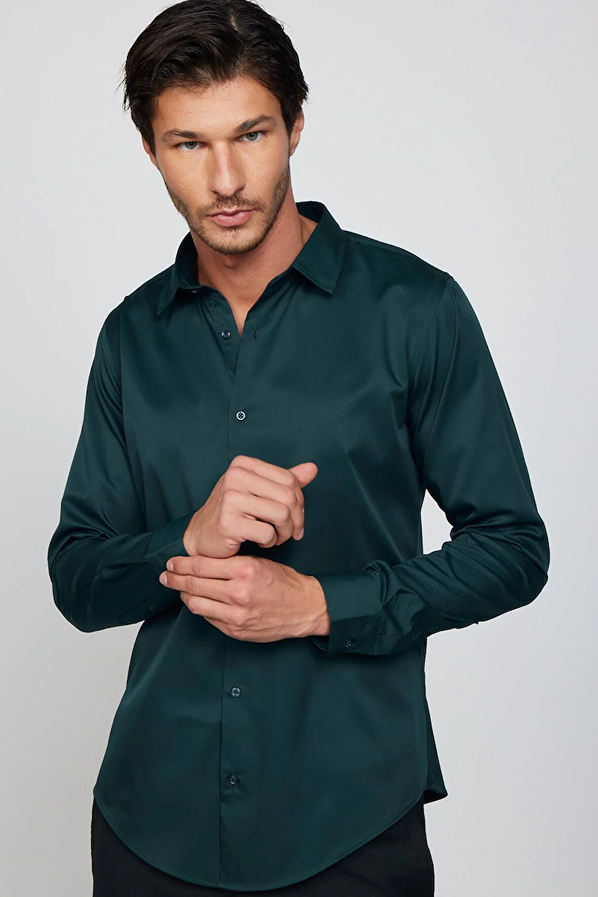 Slim Fit Uzun Kollu Likralı Düz Stretch Yeşil Erkek Gömlek
