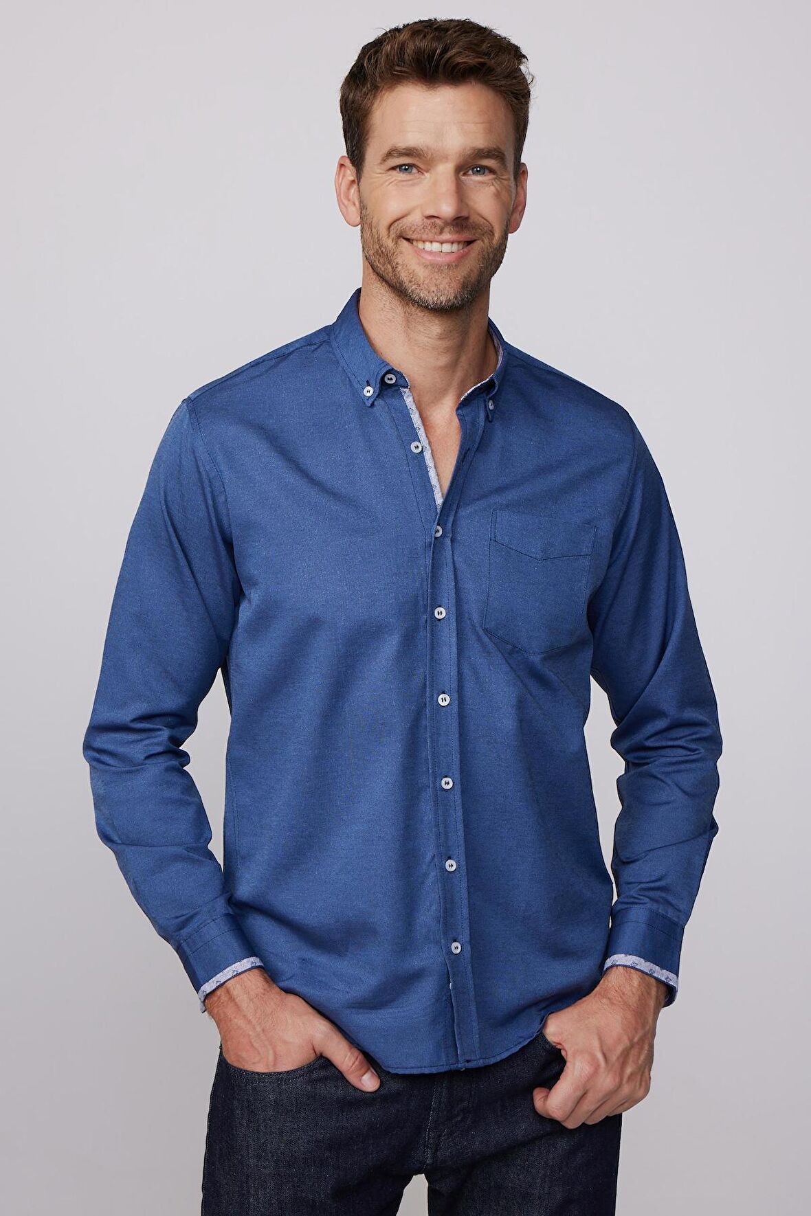 Klasik Fit Pamuklu Kolay Ütü Oxford Düz İndigo Erkek Gömlek