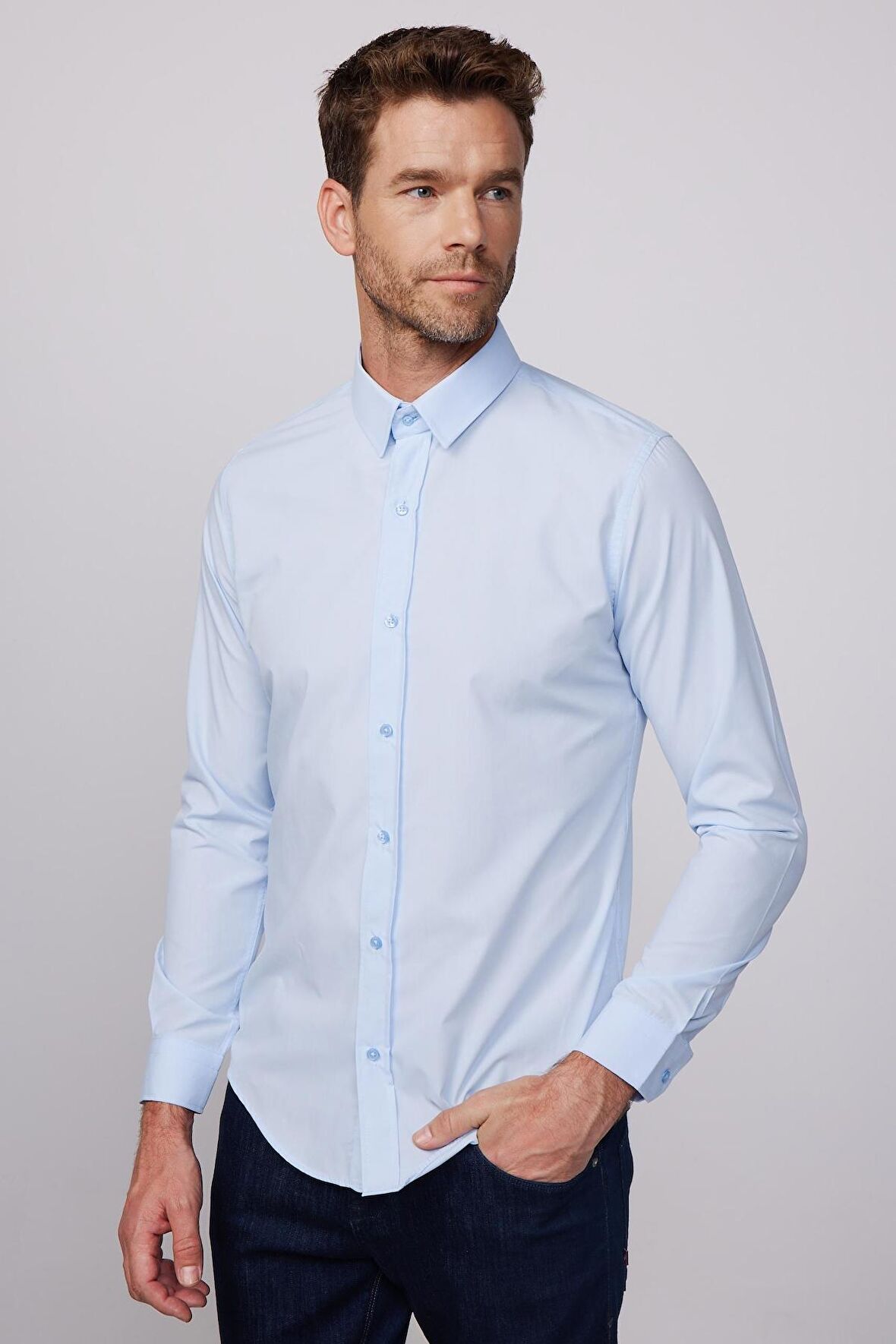 Slim Fit Pamuklu Kolay Ütü Mavi Erkek Gömlek