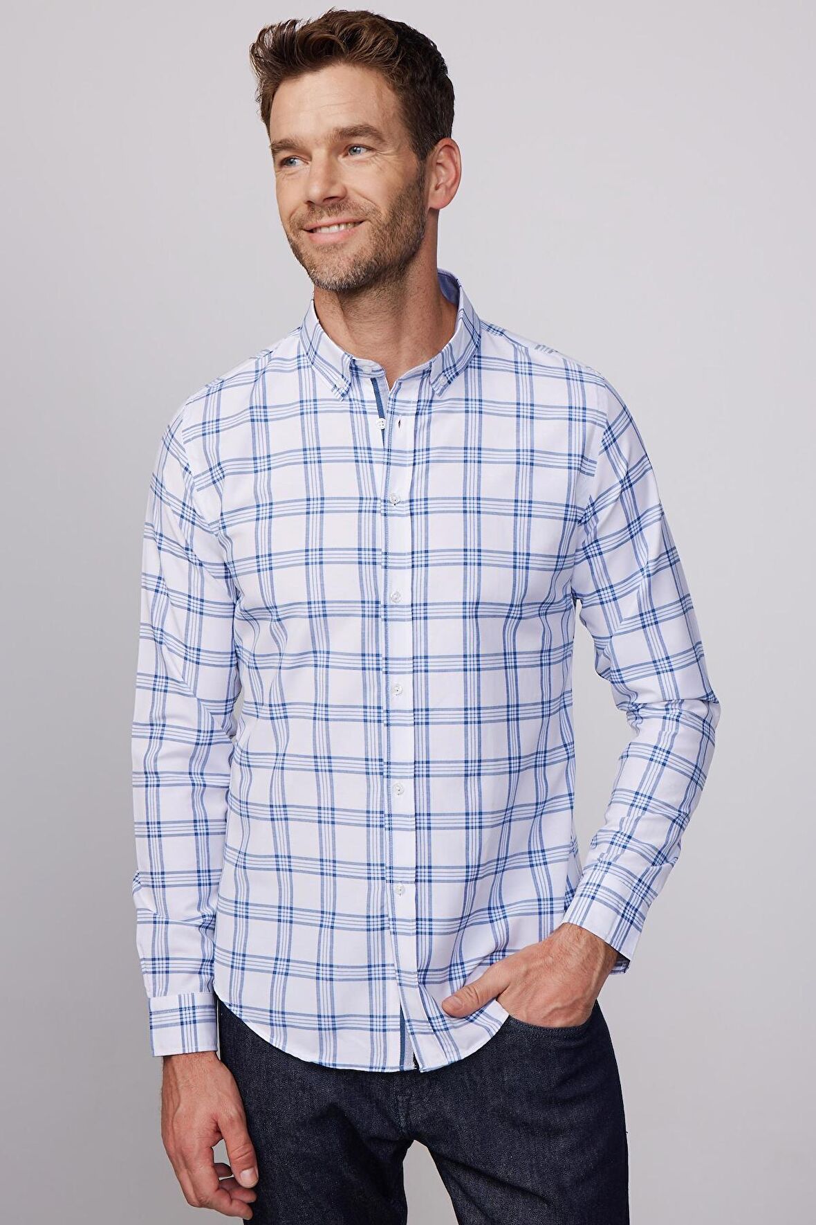 Slim Fit Kareli Pamuklu Kolay Ütü Erkek Gömlek