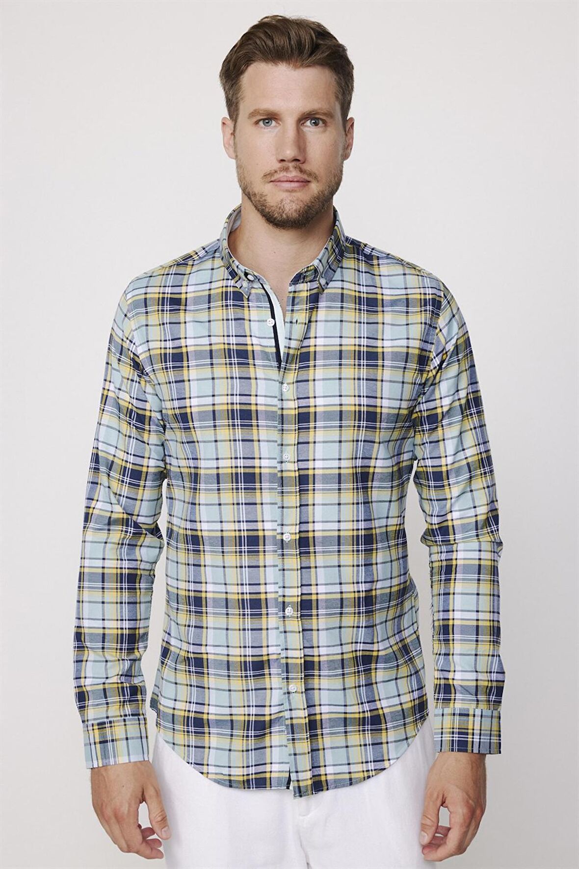 Slim Fit Kareli Pamuklu Kolay Ütü Erkek Gömlek