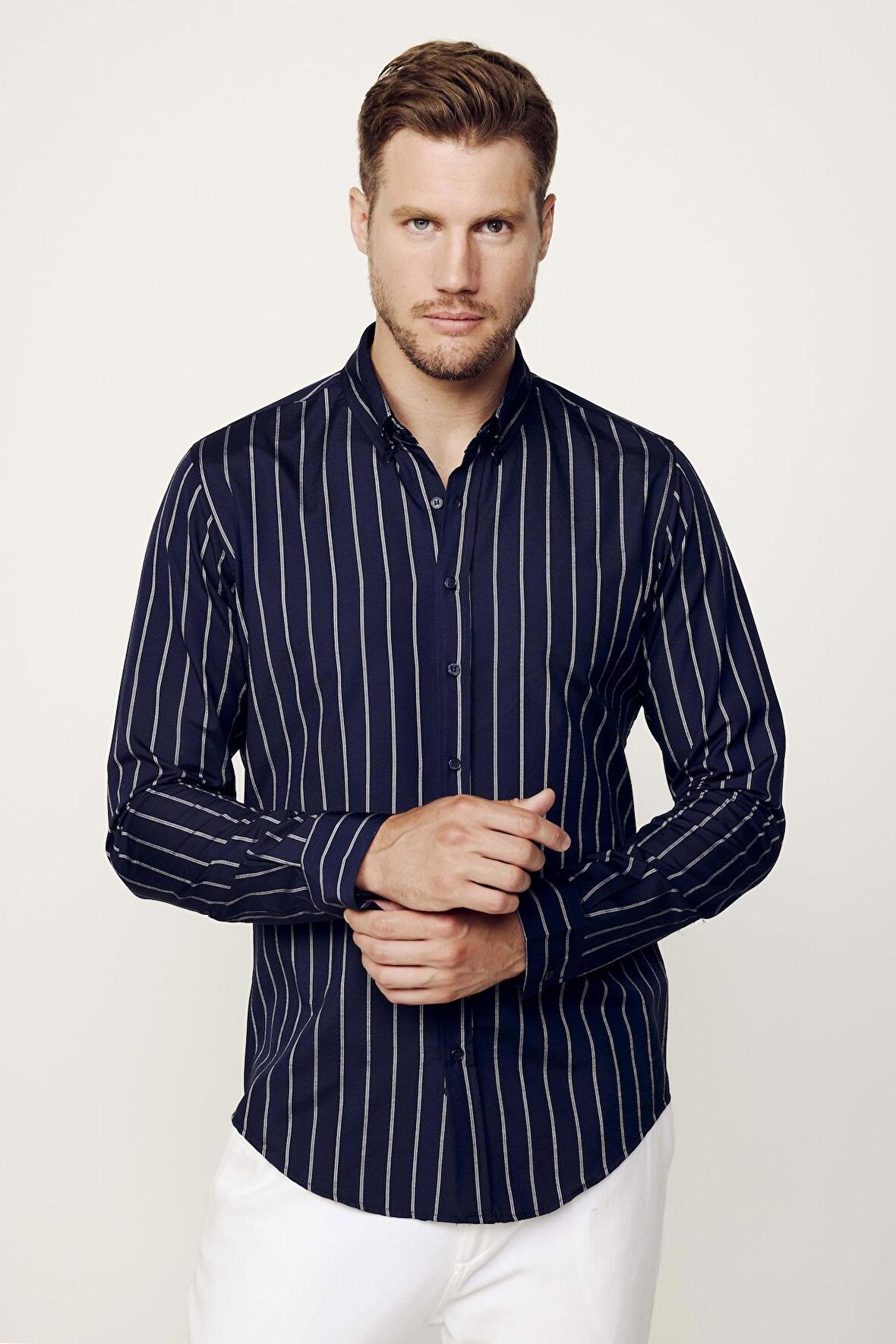 Slim Fit Pamuklu Kolay Ütü Çizgili Lacivert Erkek Gömlek