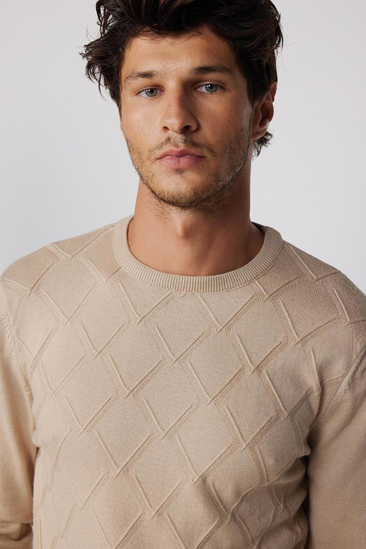 Slim Fit Bisiklet Yaka Desenli Taş Erkek Kazak