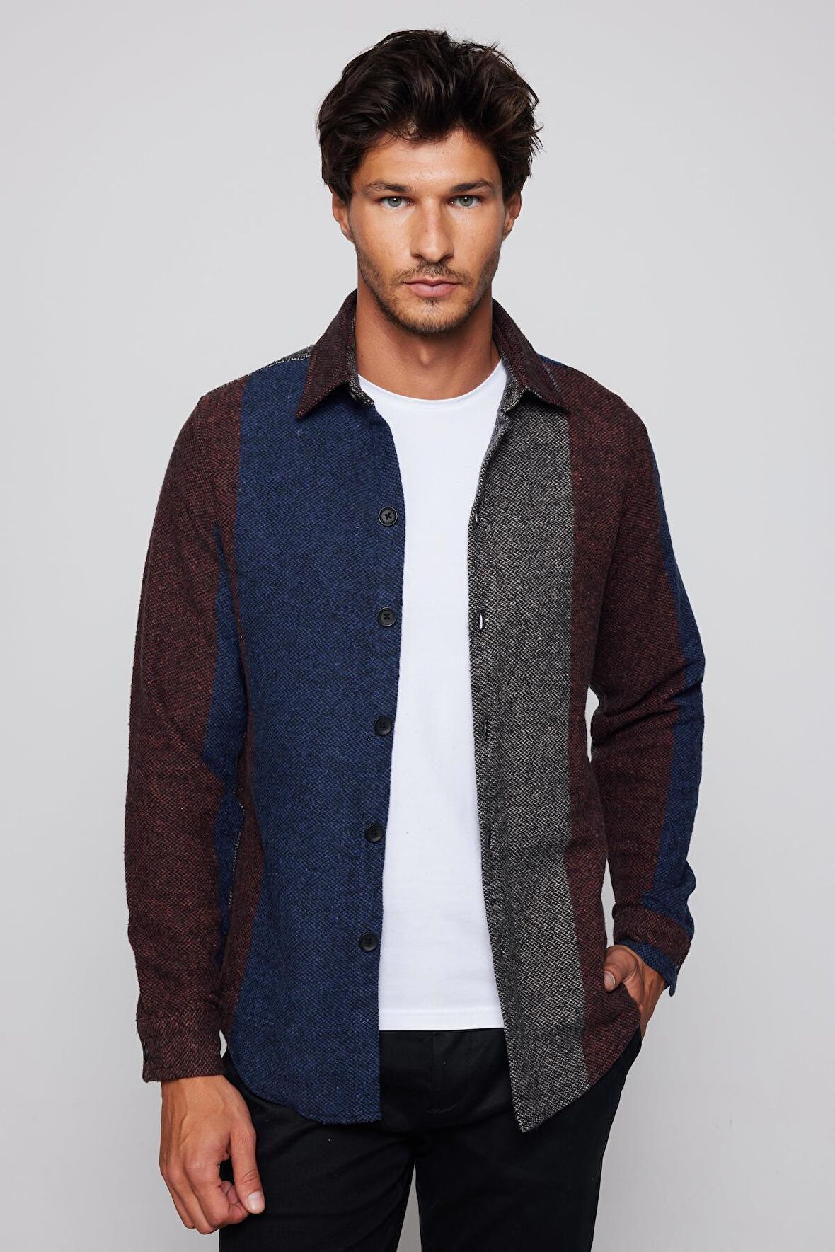 Slim Fit Dar Kesim Şerit Çizgili Oduncu Erkek Gömlek