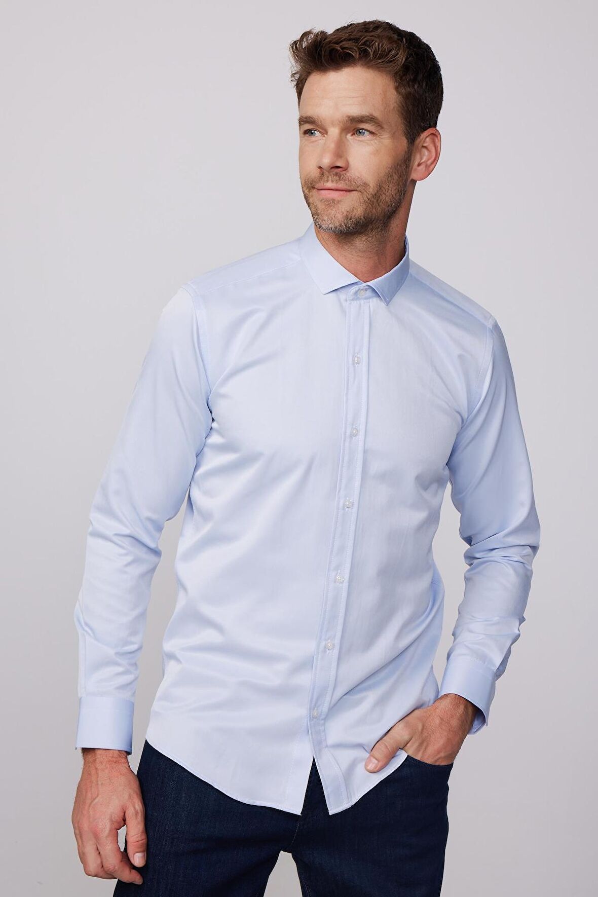 Modern Slim Fit Düz Saten Pamuklu Mavi Erkek Gömlek