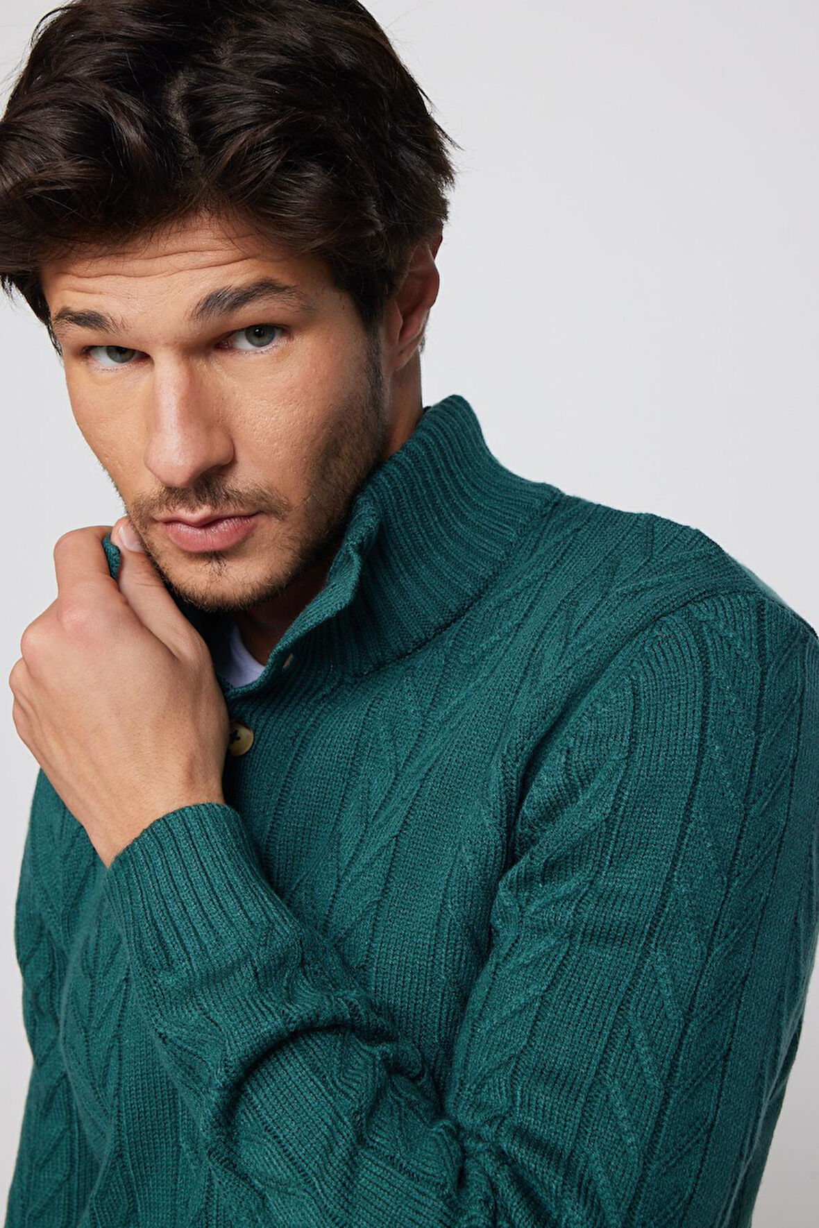 Erkek Slim Fit Dar Kesim Yumuşak Dokulu Desenli Dik Yaka Düğmeli Triko Yeşil Kazak