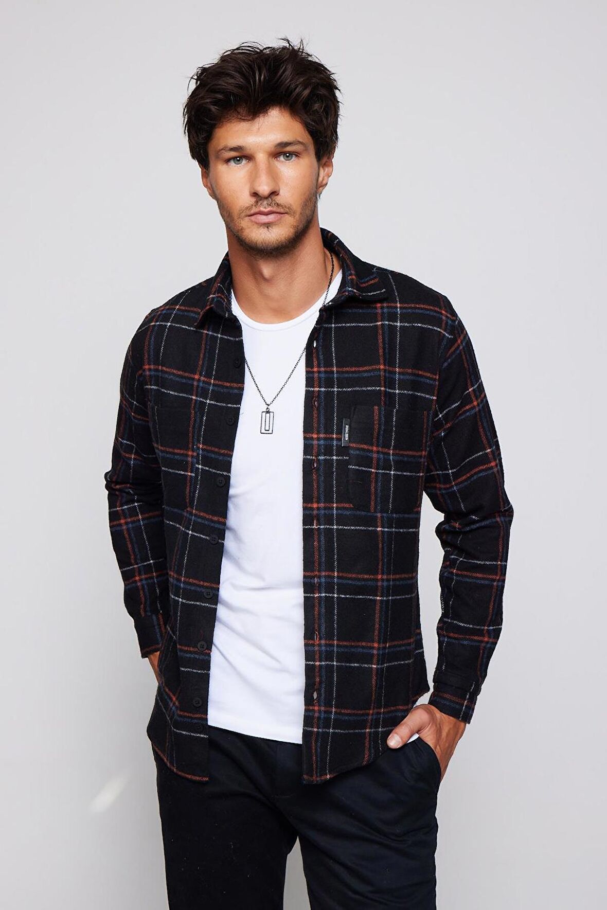 Slim Fit Dar Kesim Çift Cep Kareli Oduncu Erkek Gömlek