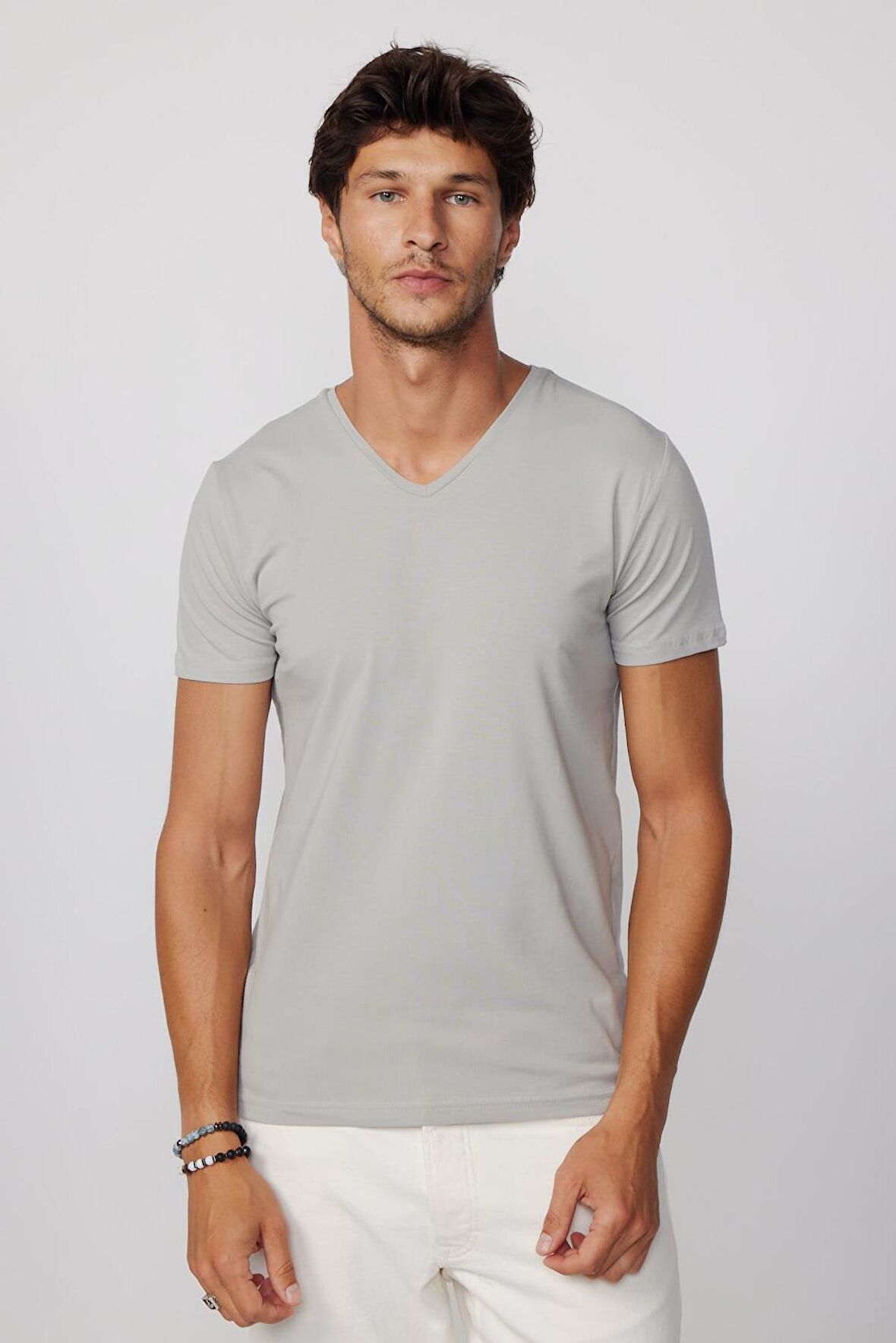 Slim Fit V Yaka Düz Basıc Kısa Kol Gri T-Shirt