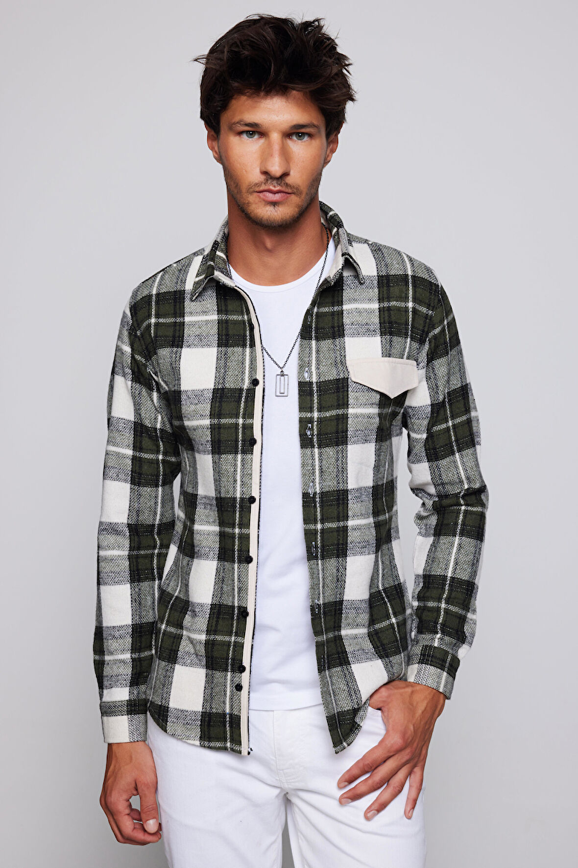 Erkek Slim Fit Dar Kesim Uzun Kollu Kareli Tek Cepli Kışlık Oduncu Gömlek