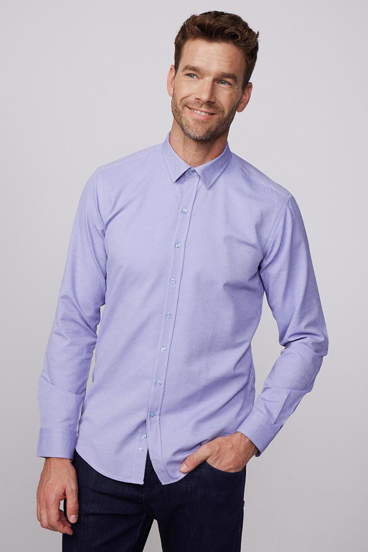 Modern Slim Fit Pamuklu Kolay Ütü Armürlü Mavi Erkek Gömlek