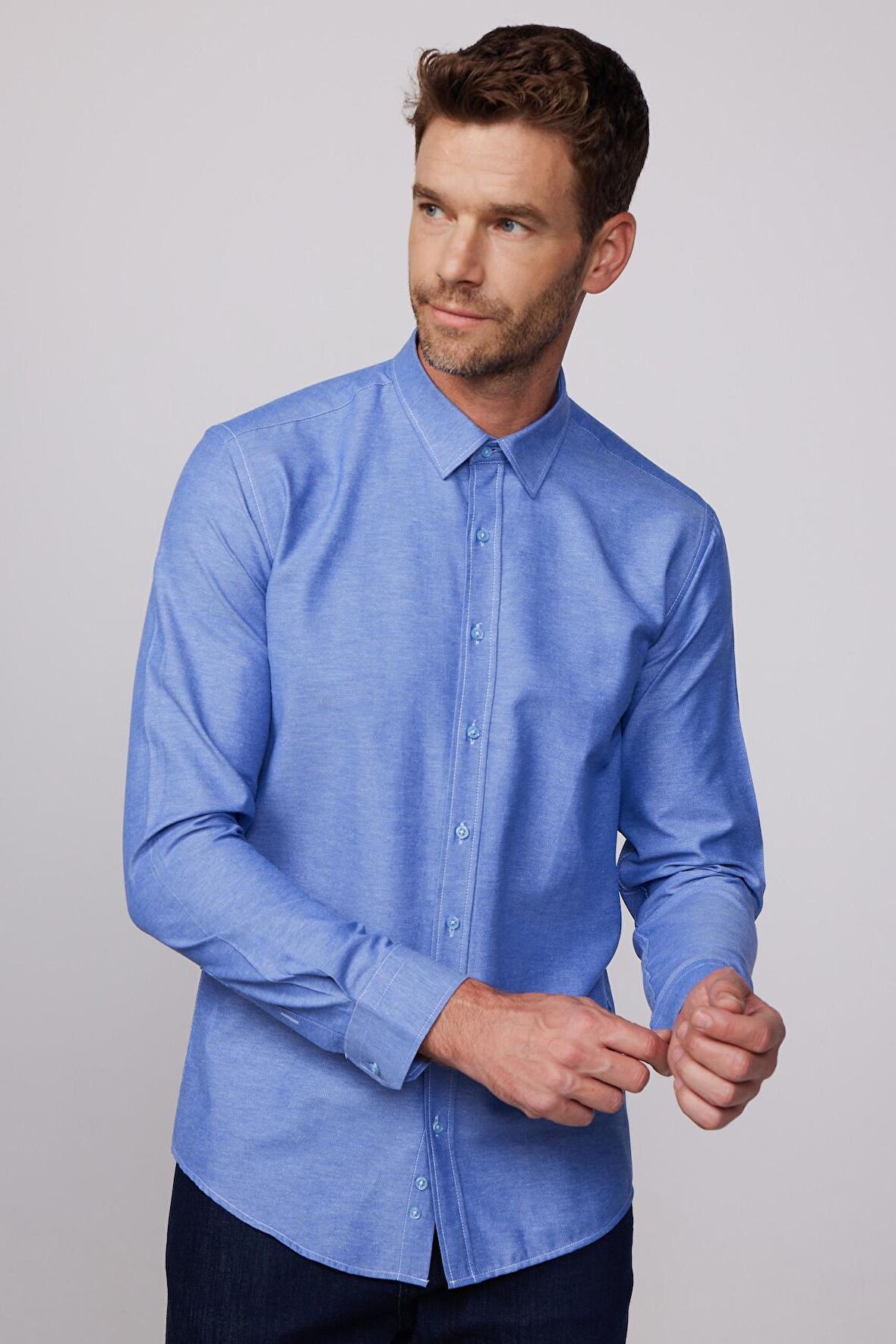 Modern Slim Fit Pamuklu Kolay Ütü Armürlü İndigo Erkek Gömlek