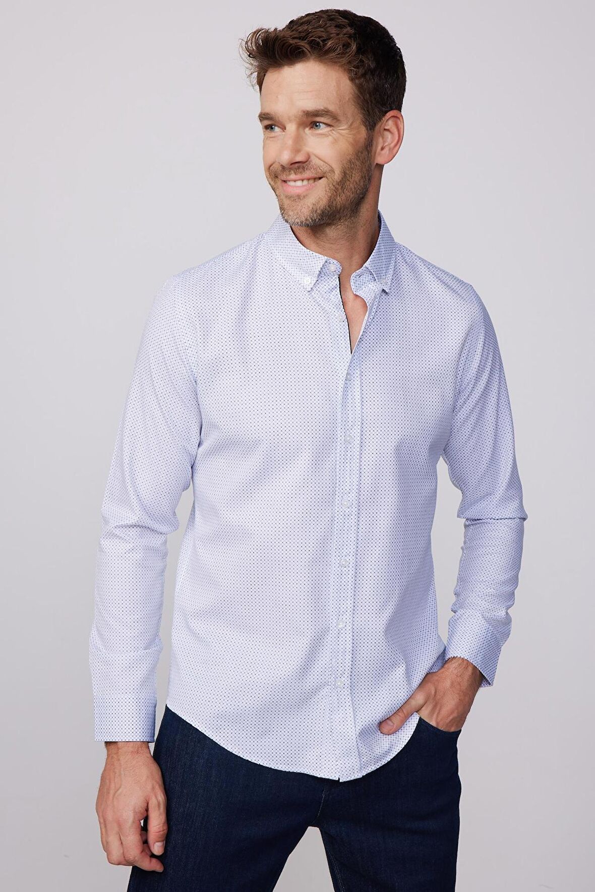 Slim Fit Desenli Pamuklu Kolay Ütü Erkek Gömlek