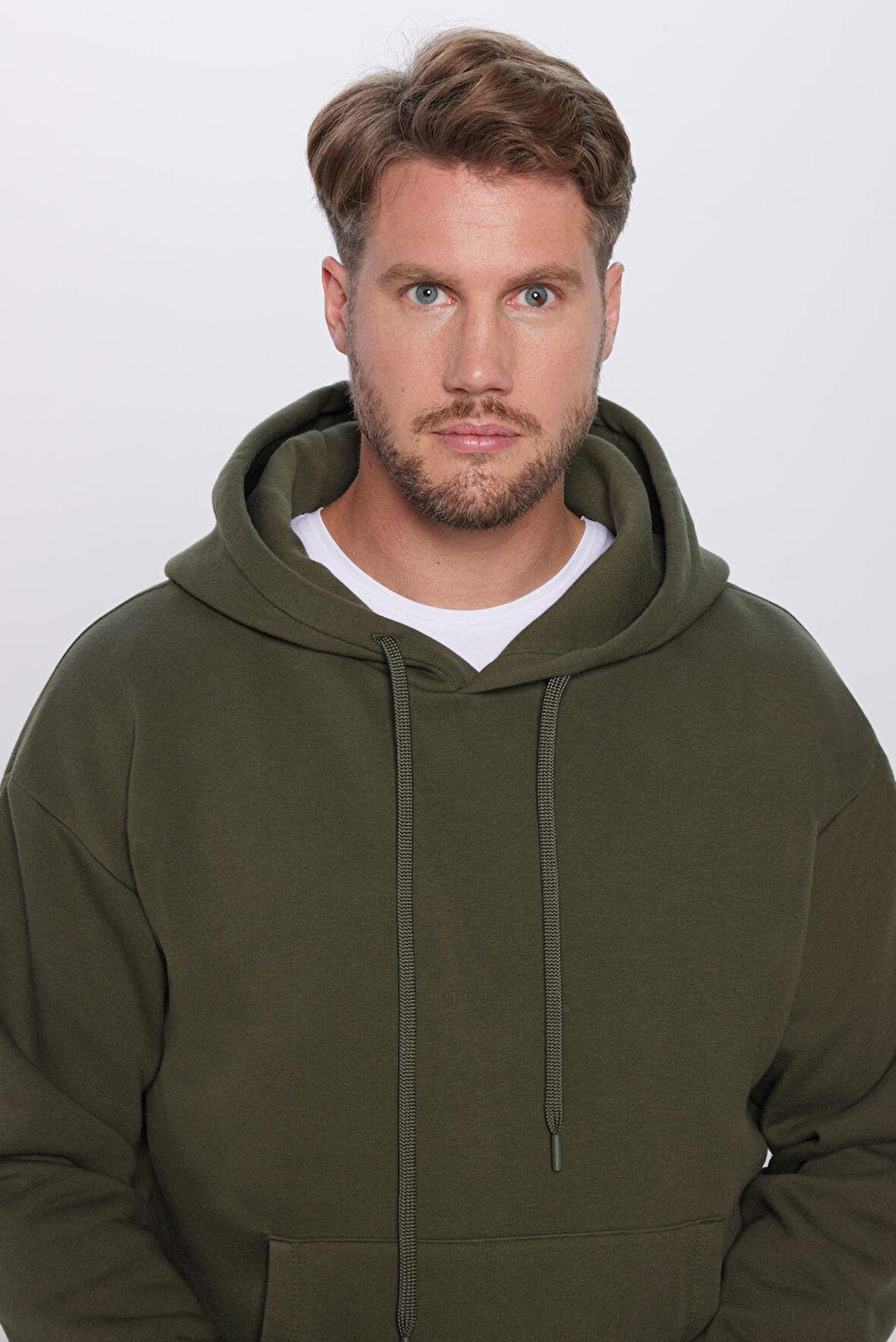 Unisex Oversize Geniş Kesim Pamuklu Yumuşak Dokulu İçi Polarlı Basic Yeşil Kapüşonlu Sweatshirt