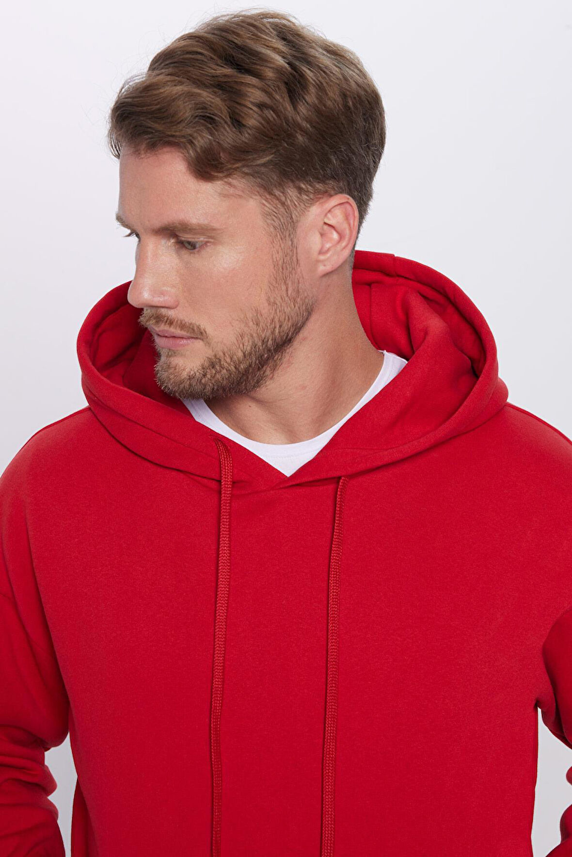 Unisex Oversize Geniş Kesim Pamuklu Yumuşak Dokulu İçi Polarlı Basic Kırmızı Kapüşonlu Sweatshirt