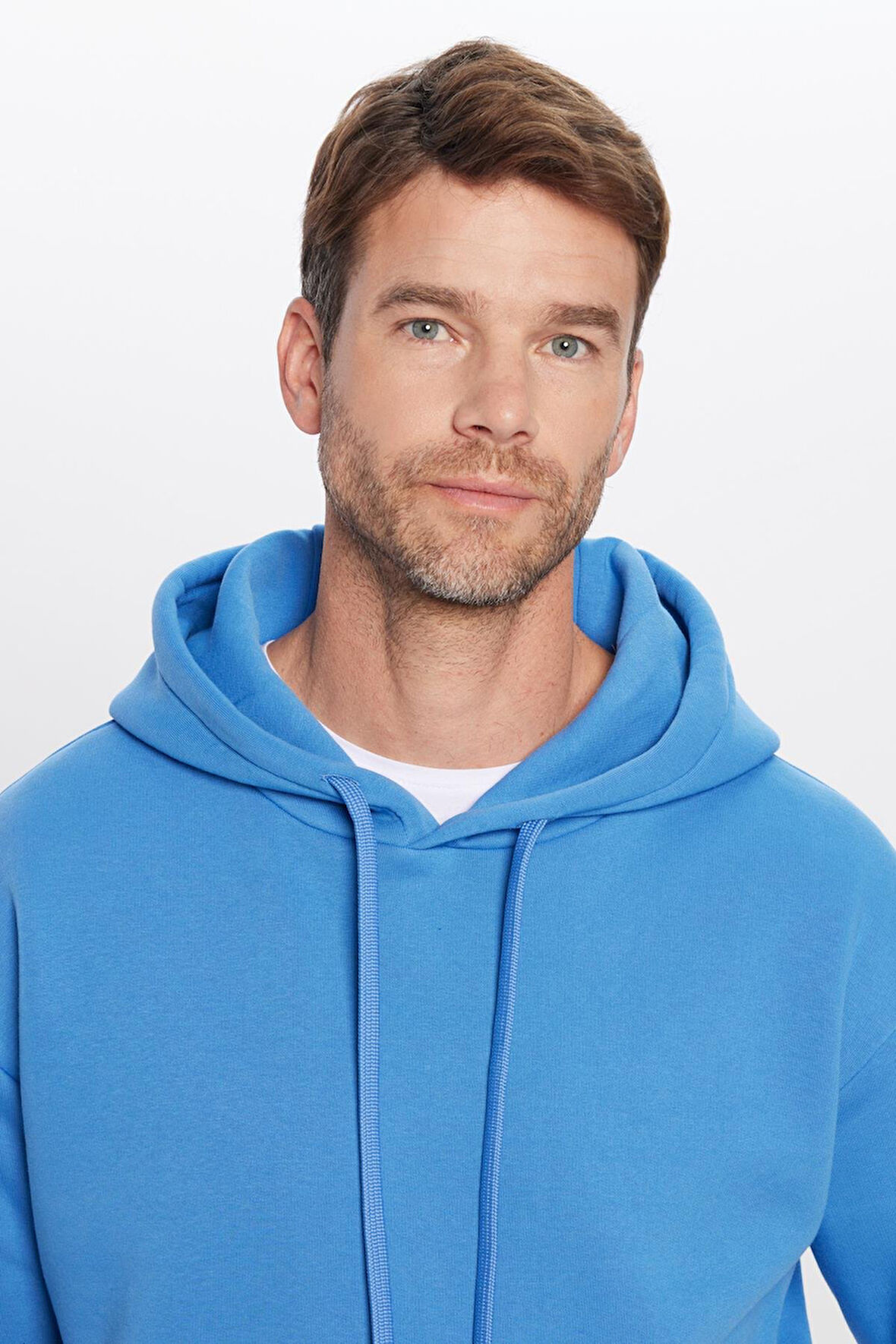 Unisex Oversize Geniş Kesim Pamuklu Yumuşak Dokulu İçi Polarlı Basic Mavi Kapüşonlu Sweatshirt