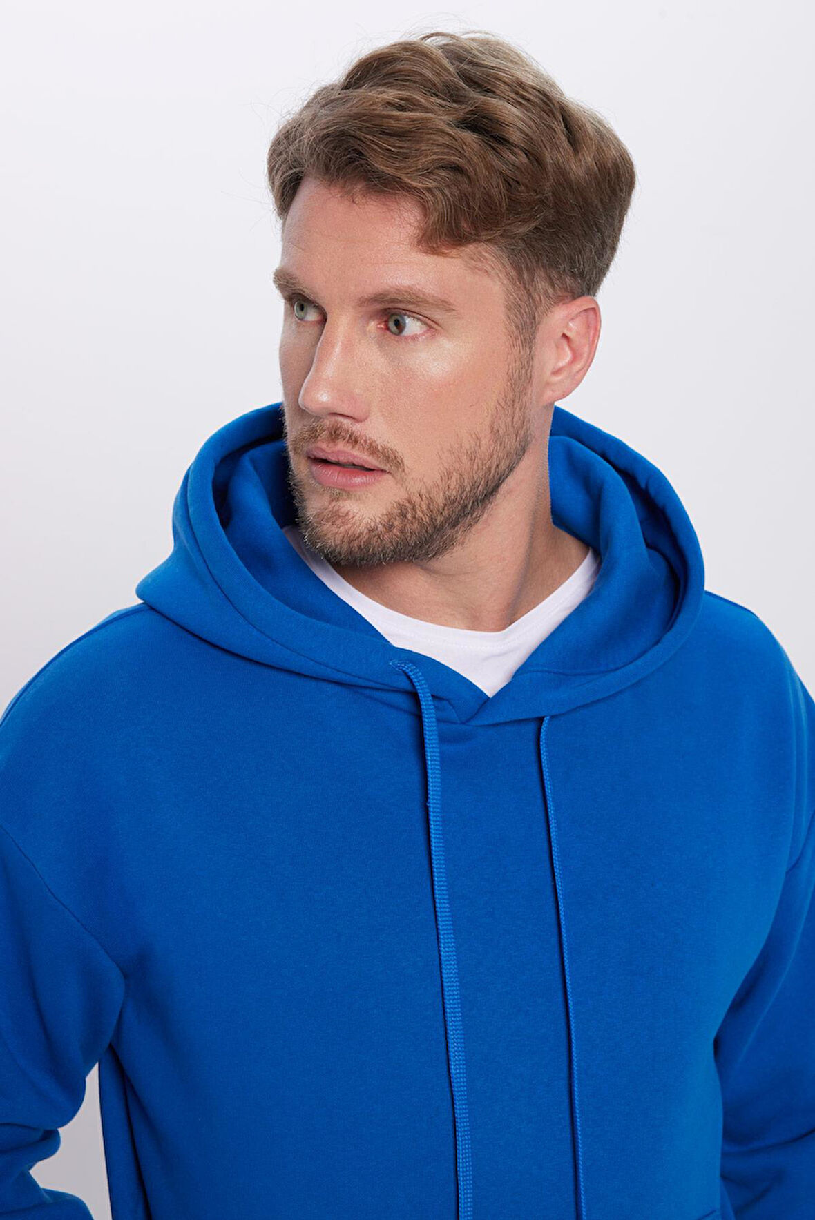 Unisex Oversize Geniş Kesim Pamuklu Yumuşak Dokulu İçi Polarlı Basic Sax Mavi Kapüşonlu Sweatshirt