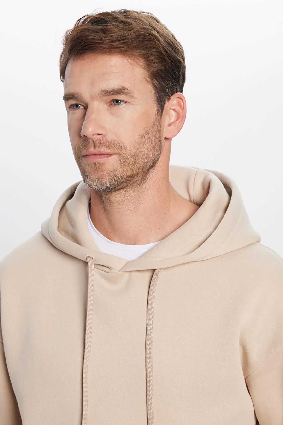 Unisex Oversize Geniş Kesim Pamuklu Yumuşak Dokulu İçi Polarlı Basic Bej Kapüşonlu Sweatshirt