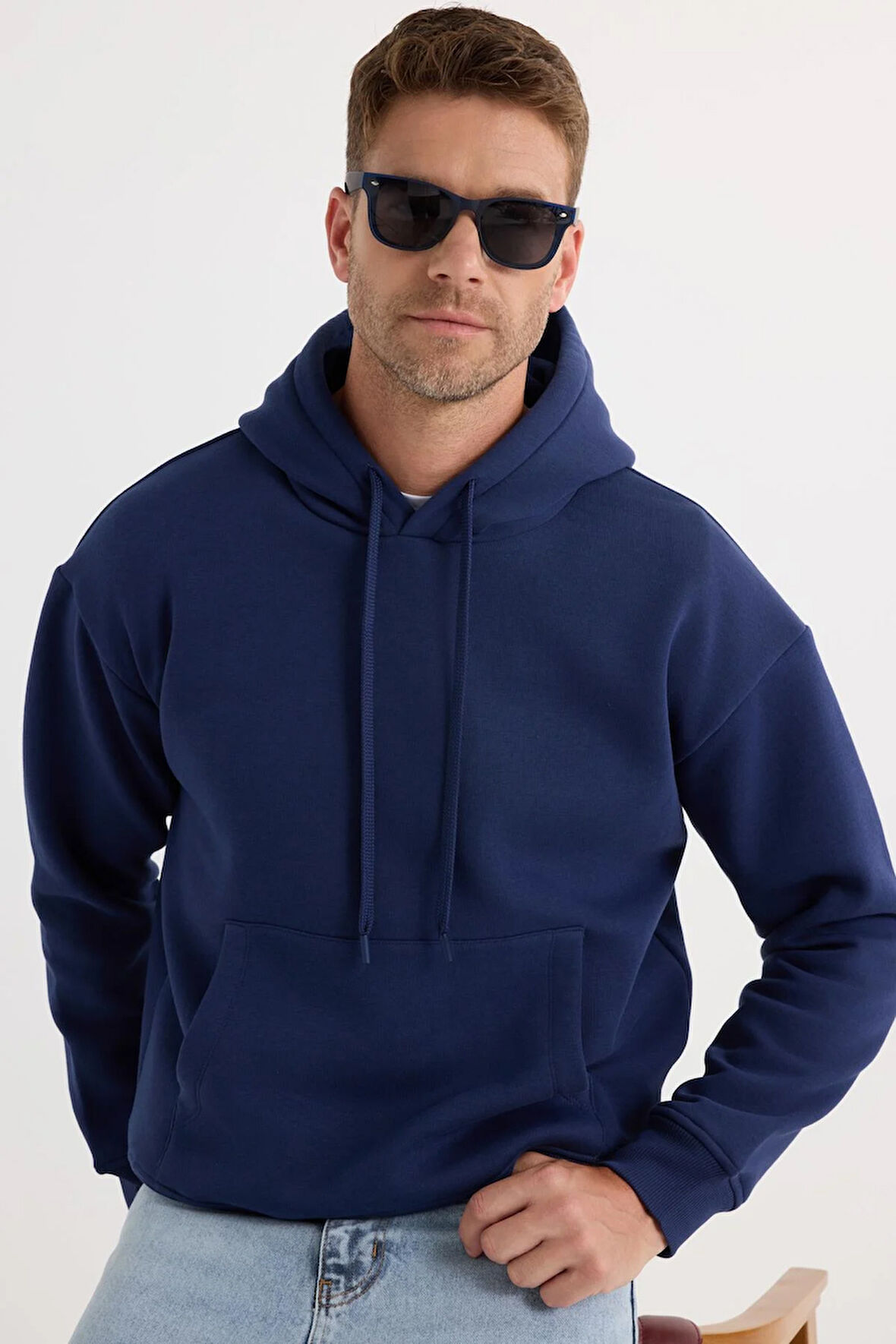 Unisex Oversize Geniş Kesim Pamuklu Yumuşak Dokulu İçi Polarlı Basic Lacivert Kapüşonlu Sweatshirt