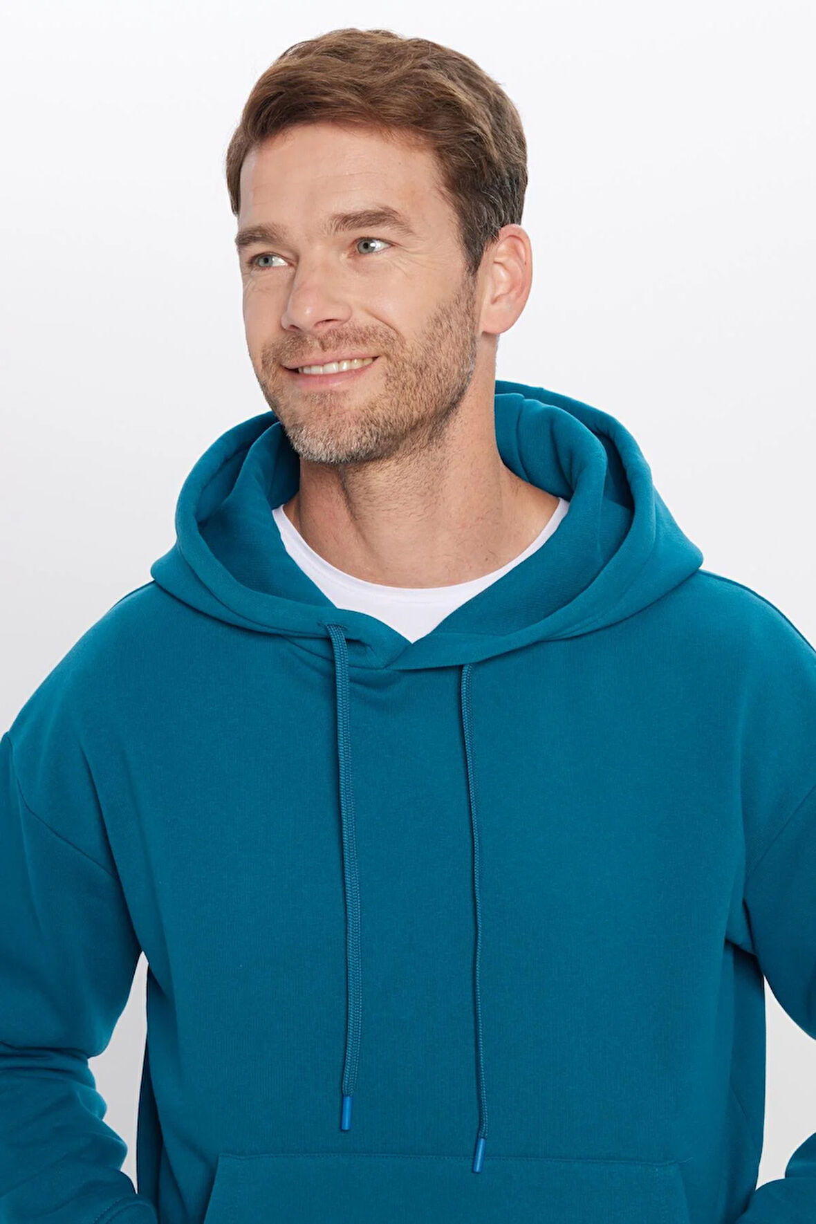 Unisex Oversize Geniş Kesim Pamuklu Yumuşak Dokulu İçi Polarlı Basic Petrol Kapüşonlu Sweatshirt