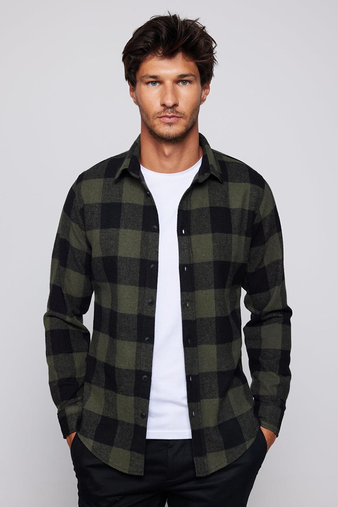 Slim Fit Dar Kesim Kareli Oduncu Haki-Yeşil Erkek Gömlek