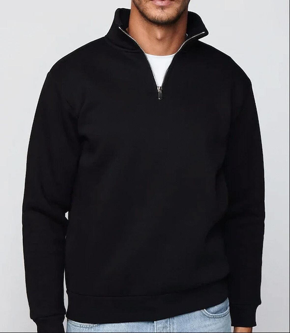 Unisex Relax Fit Rahat Kesim Pamuklu Yarım Fermuarlı Siyah Dik Yaka Sweatshirt