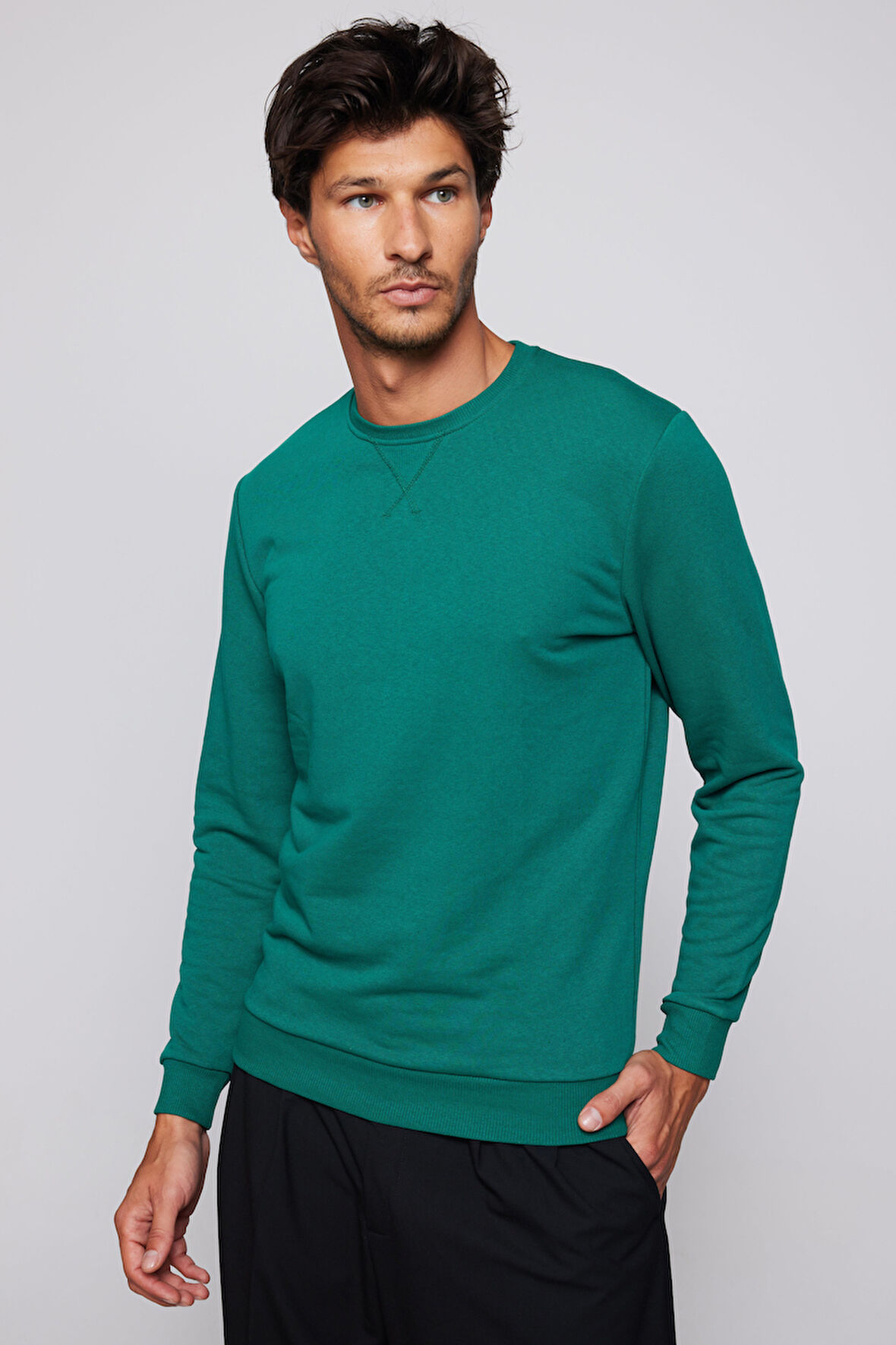 Unisex Oversize Geniş Kesim %100 Pamuk Basic Yeşil Bisiklet Yaka Sweatshirt