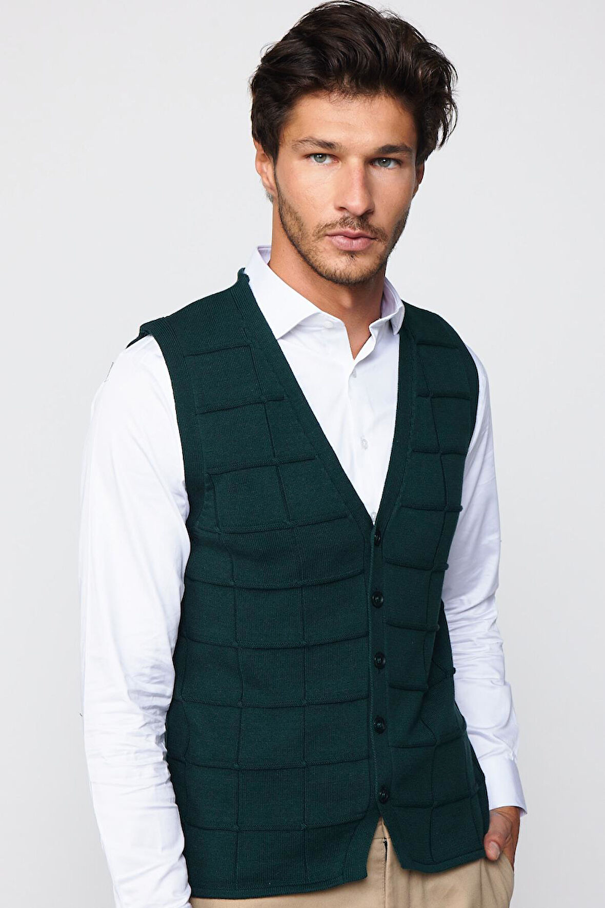 Slim Fit Kare Desenli Yeşil Erkek Yelek